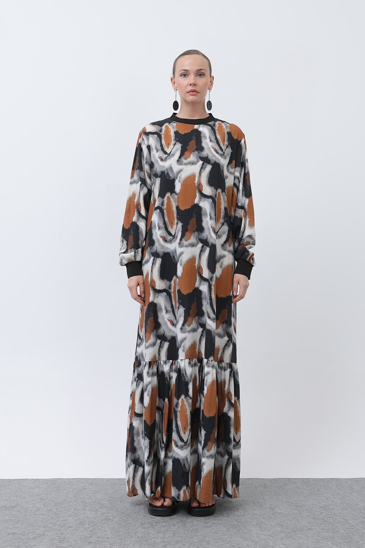 Kadın Yakası Ribanalı Desenli Elbise - 12606ELB