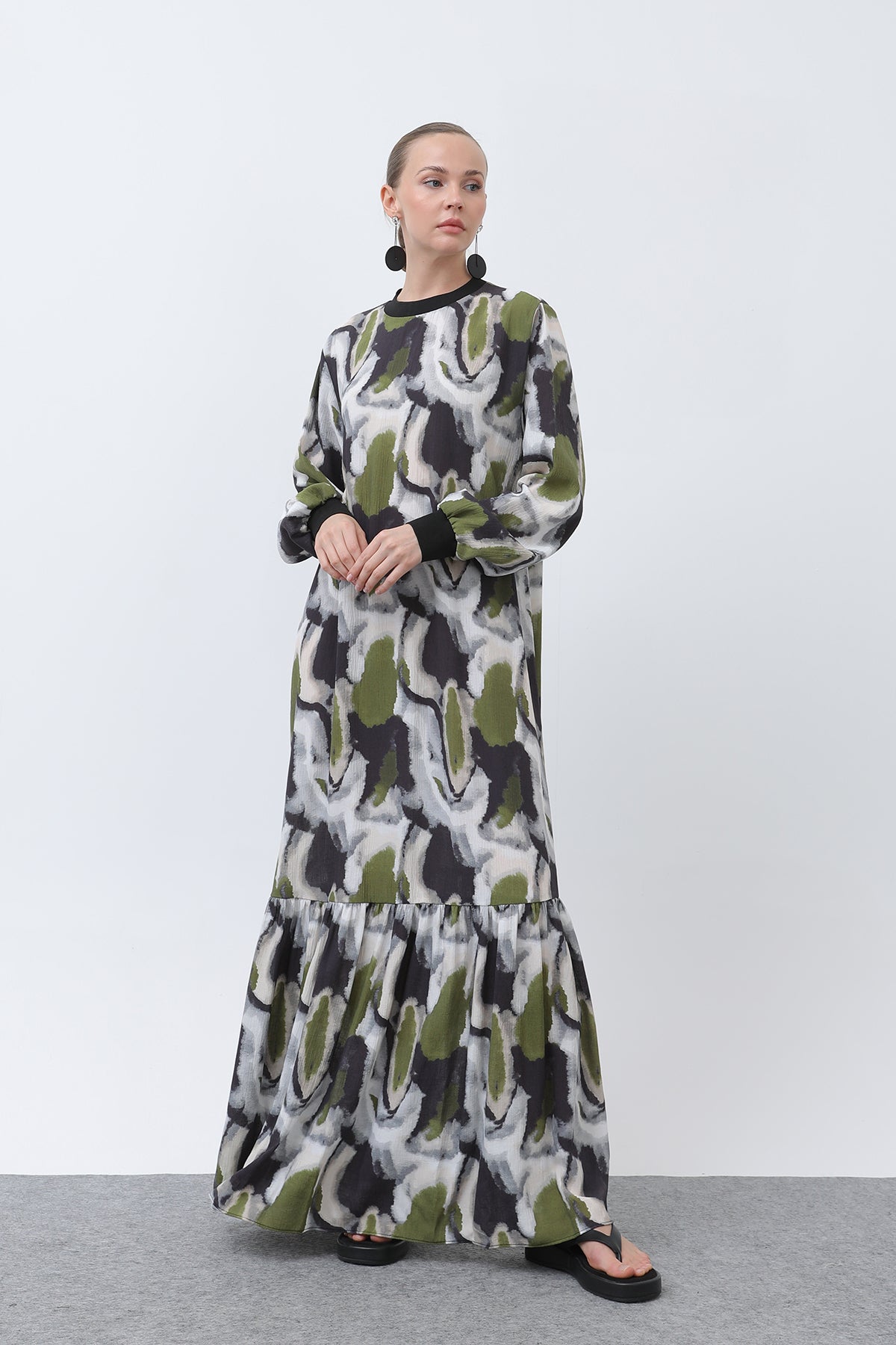 Kadın Yakası Ribanalı Desenli Elbise - 12606ELB