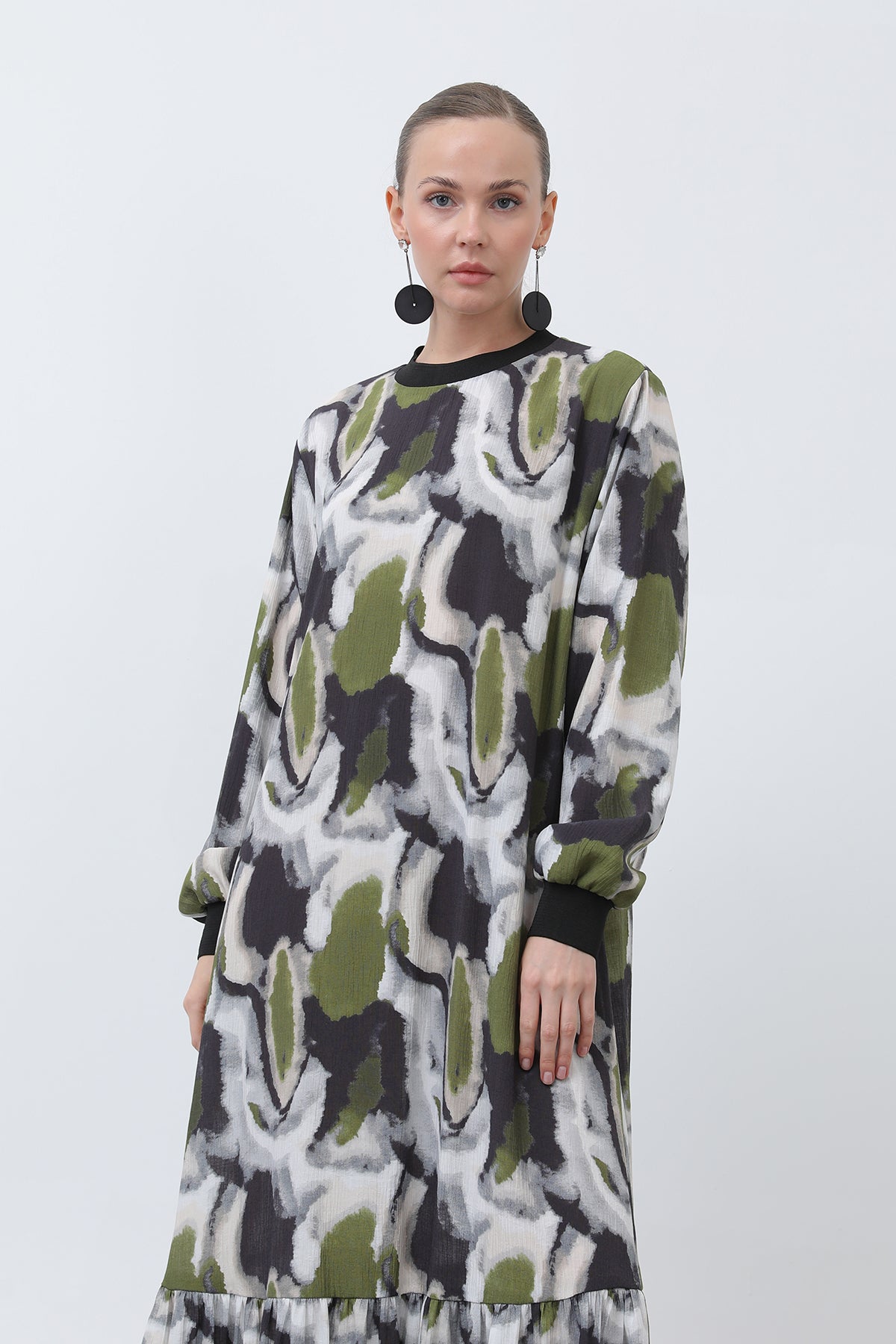 Kadın Yakası Ribanalı Desenli Elbise - 12606ELB