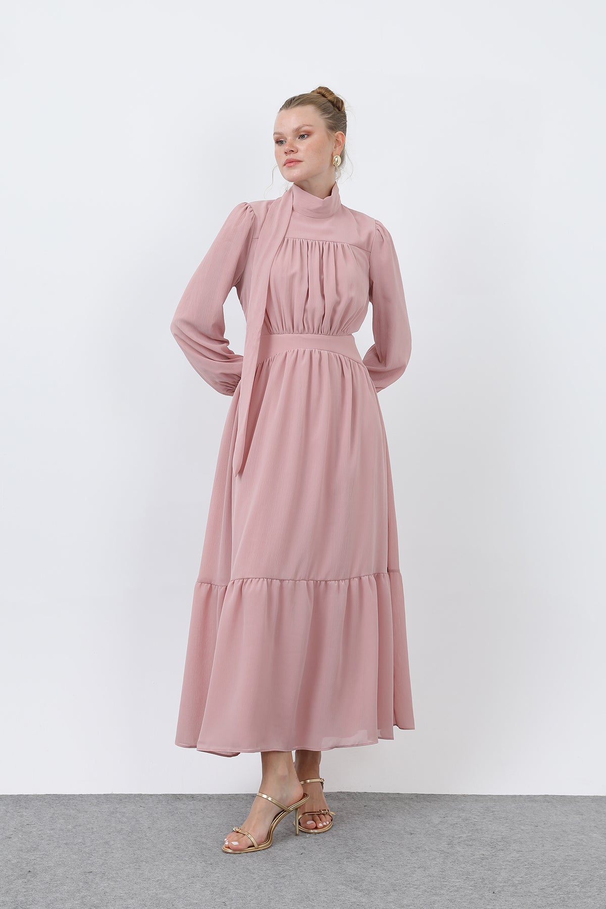 Kadın Drape Detaylı Yüksek Yaka Elbise - 12613ELB