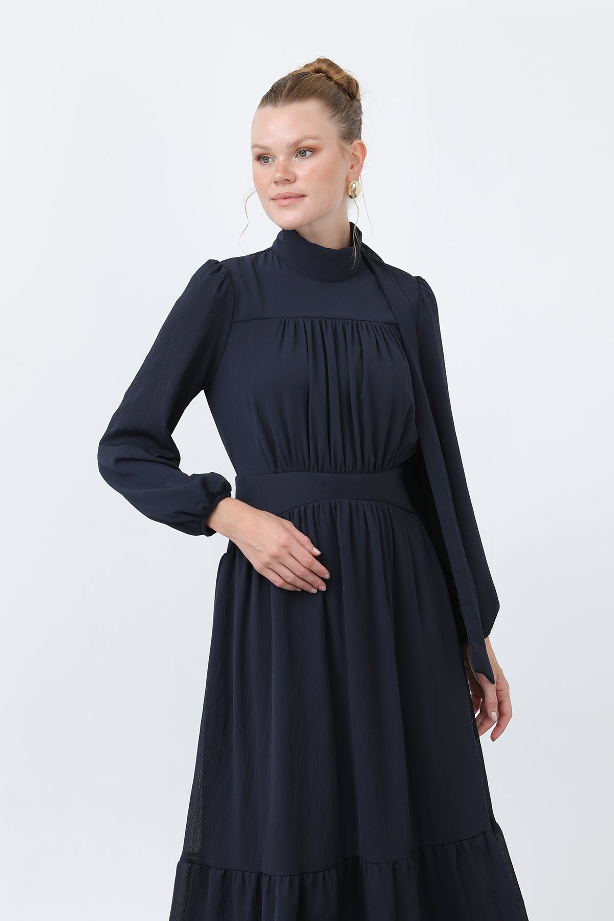 Kadın Drape Detaylı Yüksek Yaka Elbise - 12613ELB