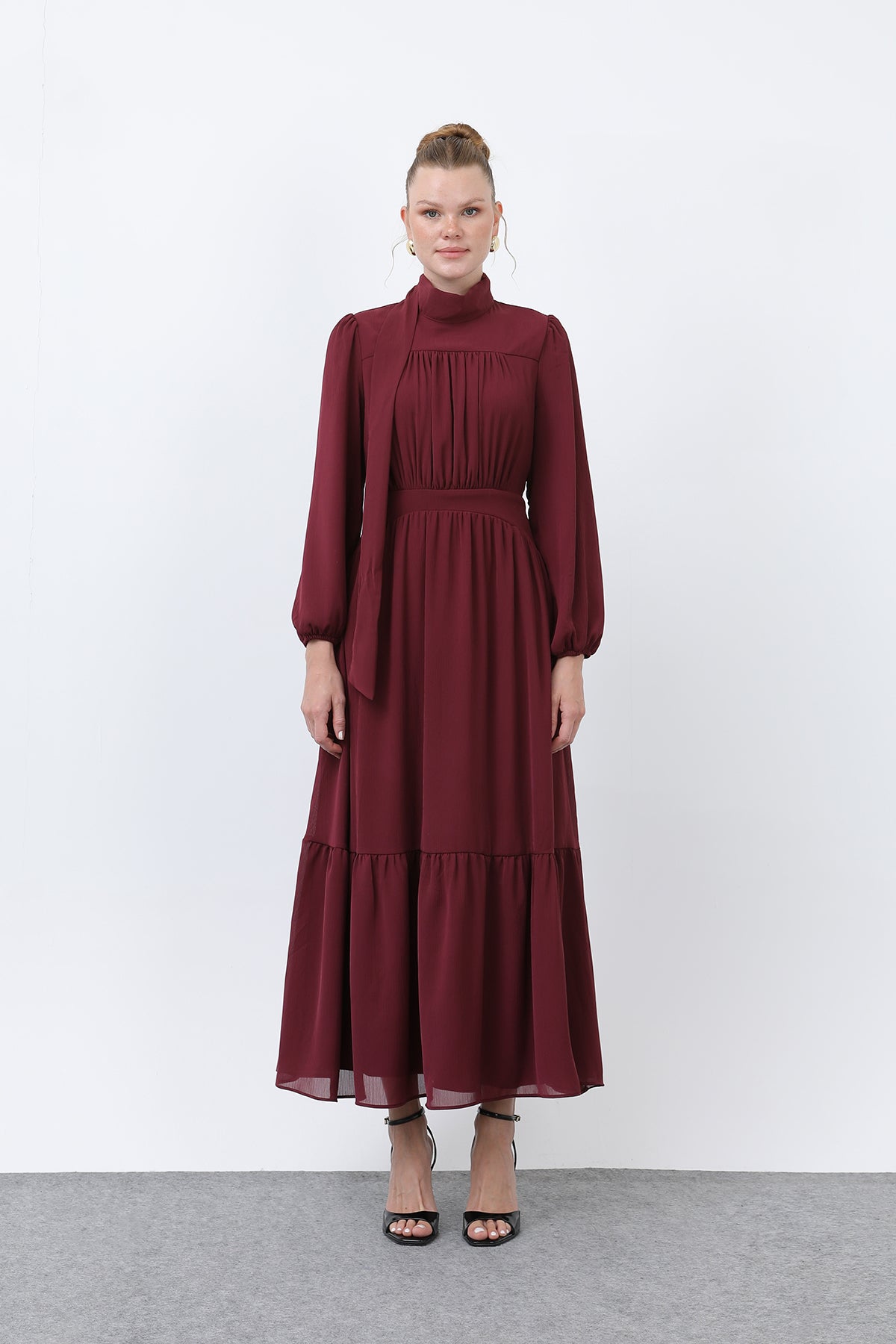 Kadın Drape Detaylı Yüksek Yaka Elbise - 12613ELB