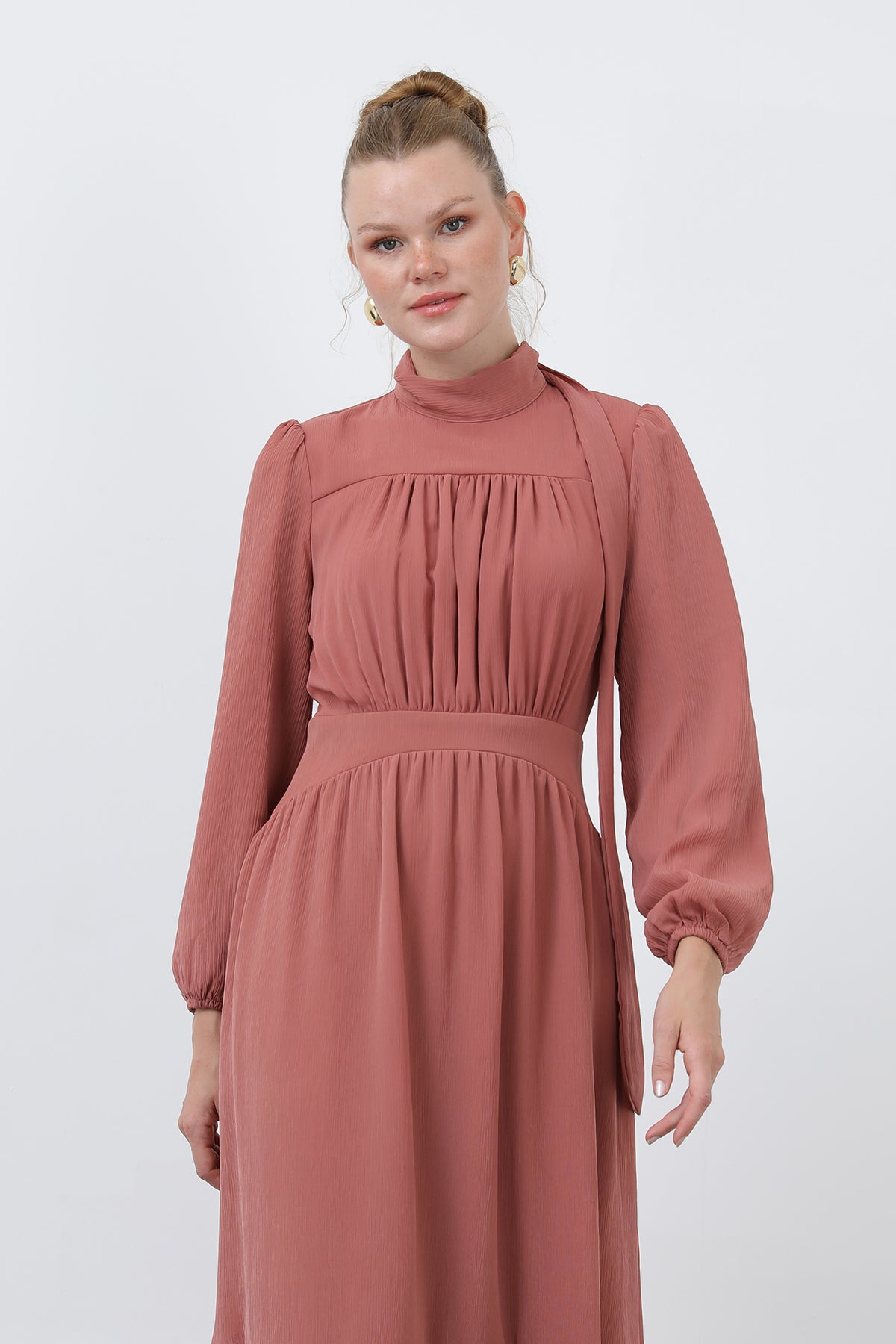 Kadın Drape Detaylı Yüksek Yaka Elbise - 12613ELB