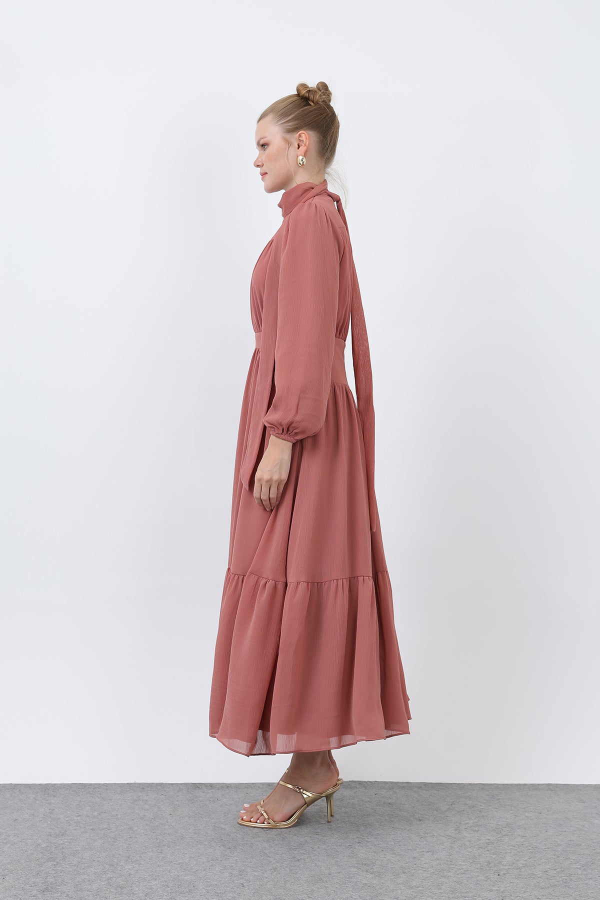 Kadın Drape Detaylı Yüksek Yaka Elbise - 12613ELB