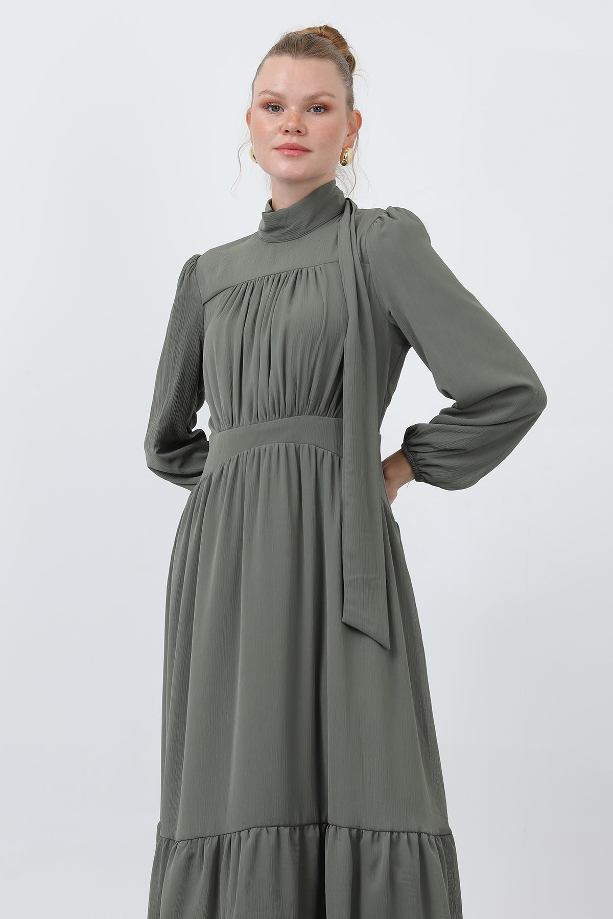 Kadın Drape Detaylı Yüksek Yaka Elbise - 12613ELB