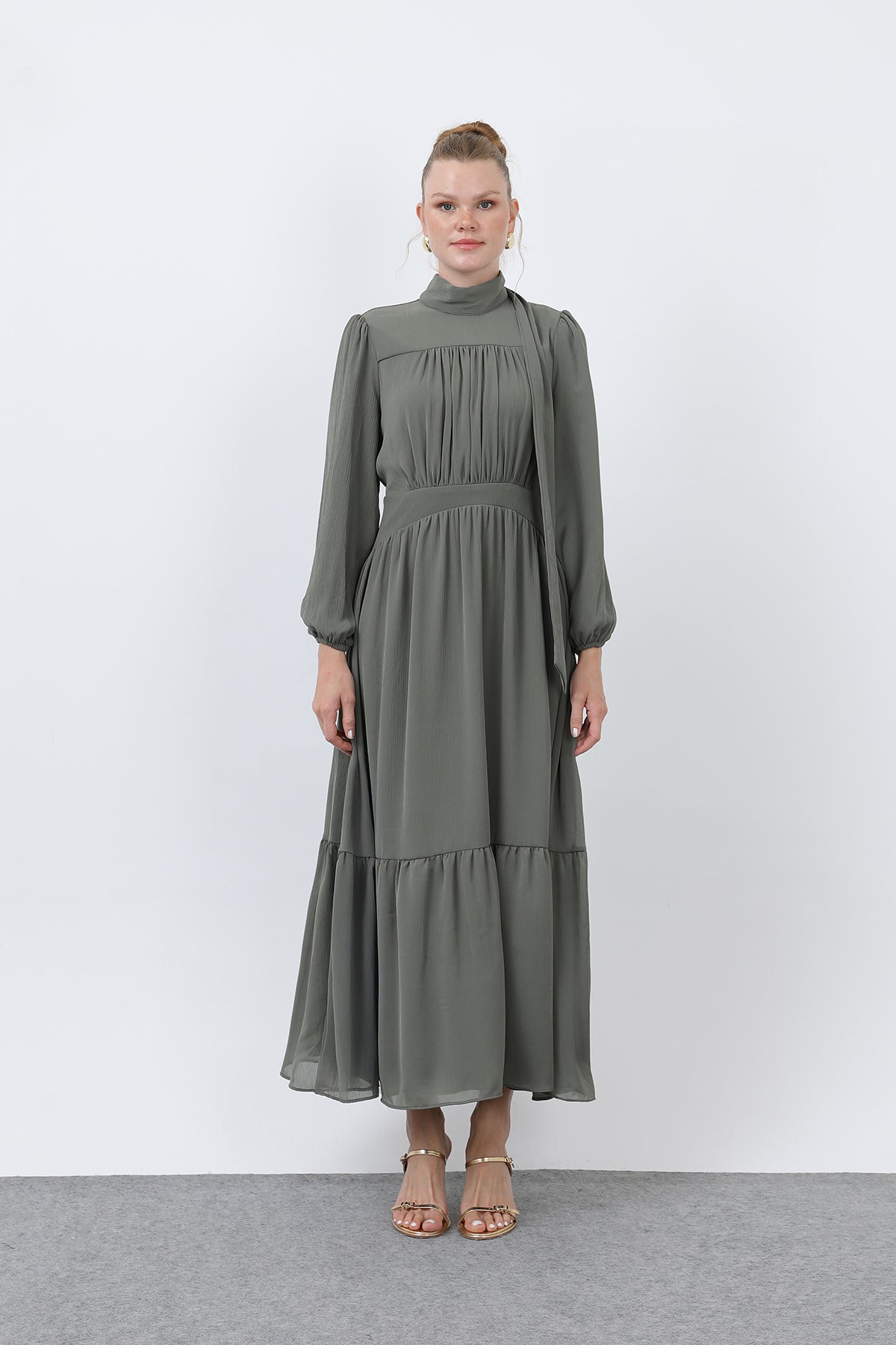 Kadın Drape Detaylı Yüksek Yaka Elbise - 12613ELB