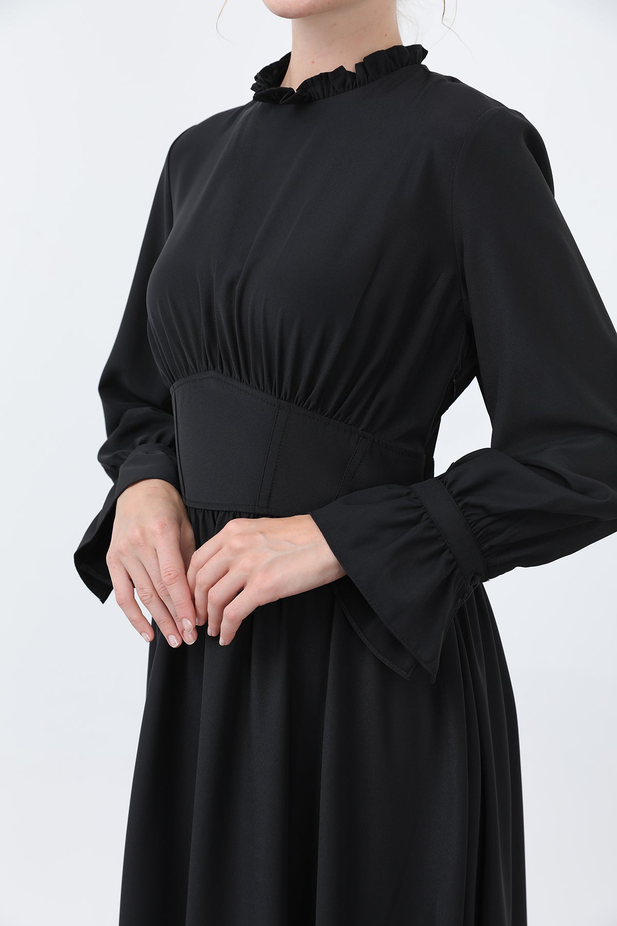 Kadın Beli Korsajlı Yakasıl Detaylı Elbise -12614ELB