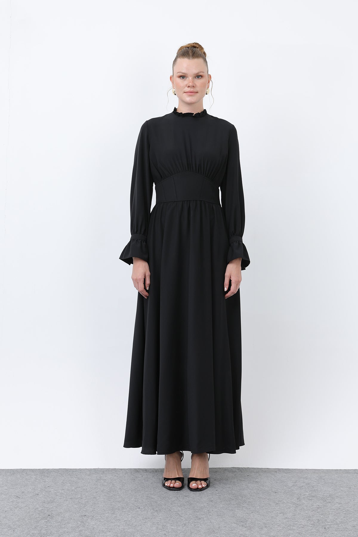 Kadın Beli Korsajlı Yakasıl Detaylı Elbise -12614ELB