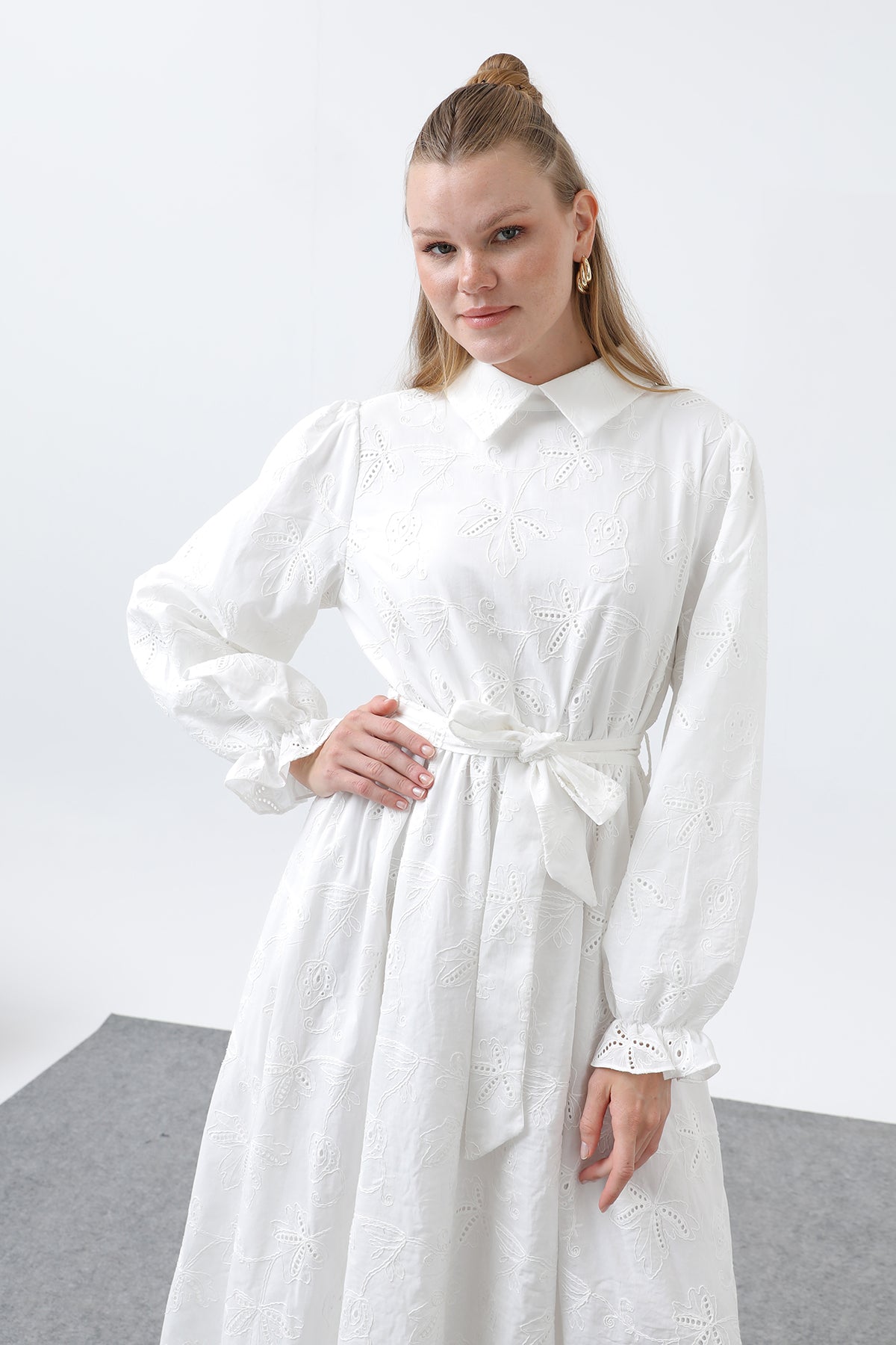 Kadın Beli Kuşaklı Pamuklu Gömlek Elbise - 12626ELB