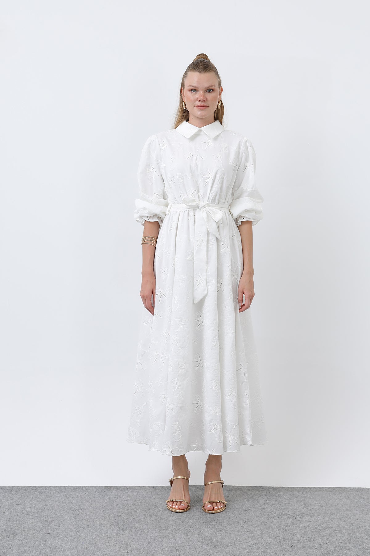 Kadın Beli Kuşaklı Pamuklu Gömlek Elbise - 12626ELB