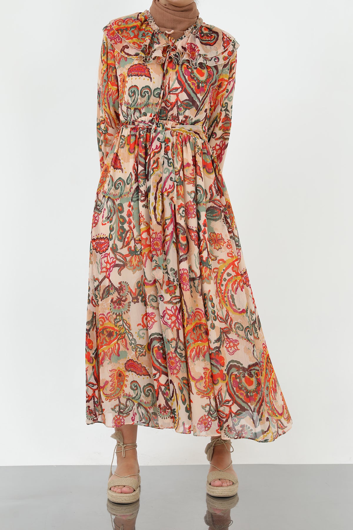 Kadın Yakası Pile Detaylı Kuşaklı Elbise - 12639ELB