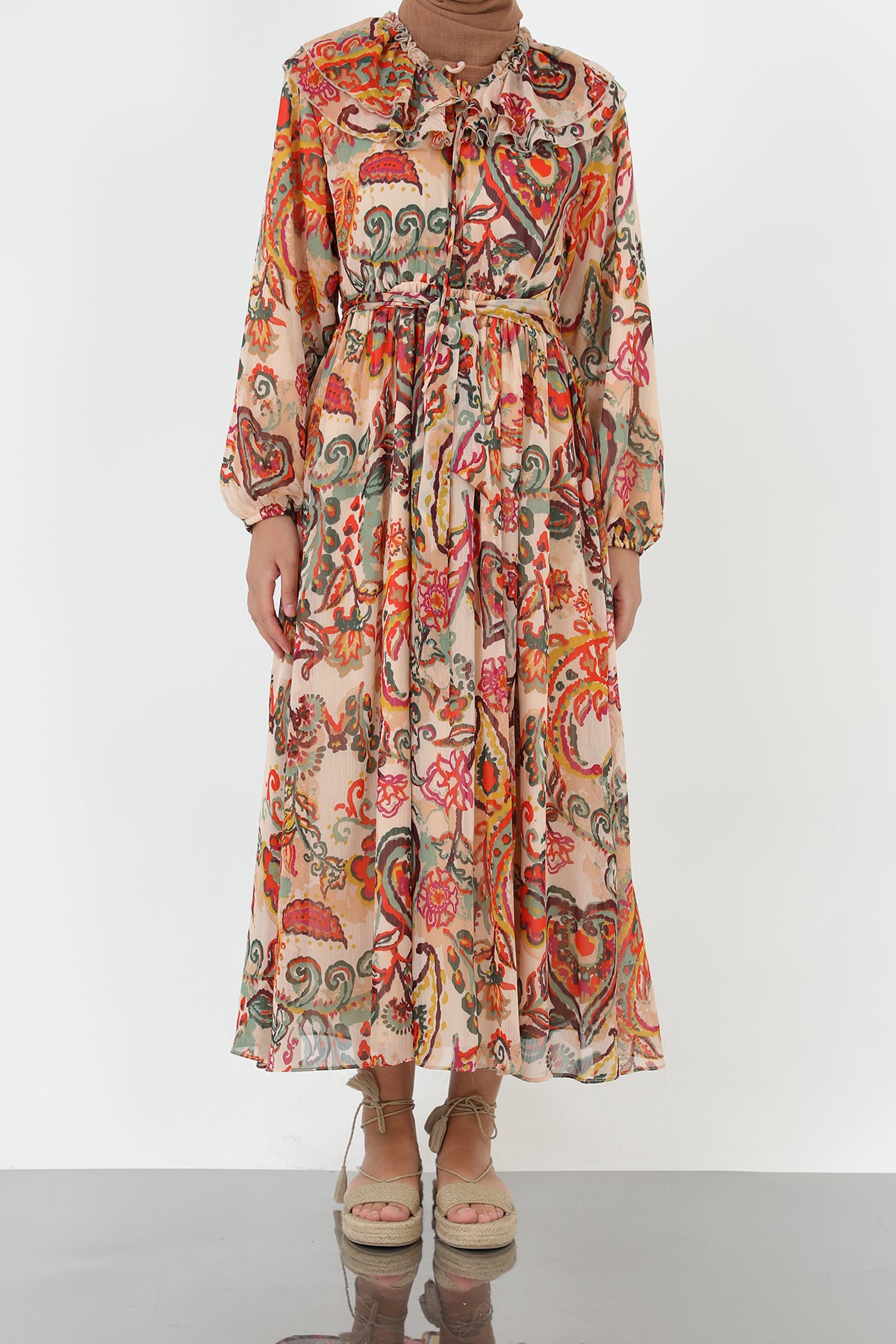 Kadın Yakası Pile Detaylı Kuşaklı Elbise - 12639ELB