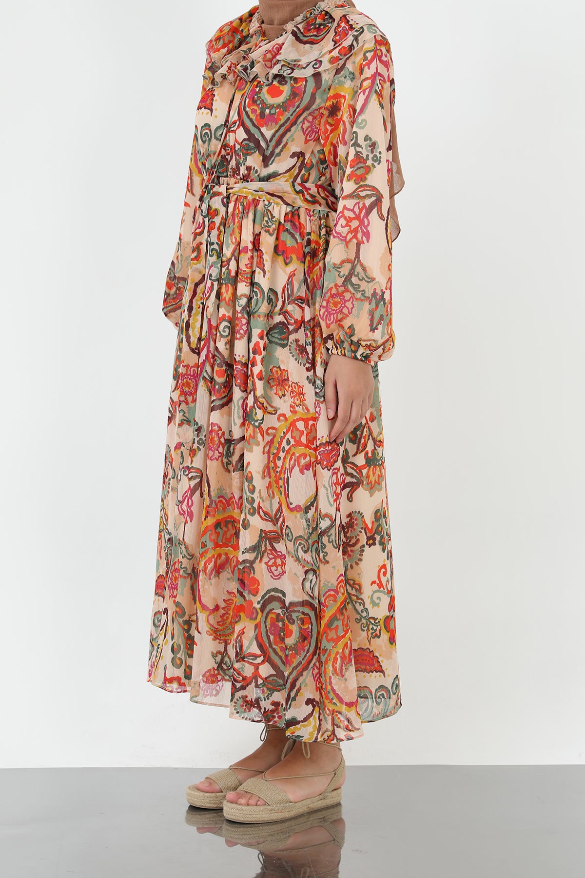 Kadın Yakası Pile Detaylı Kuşaklı Elbise - 12518ELB