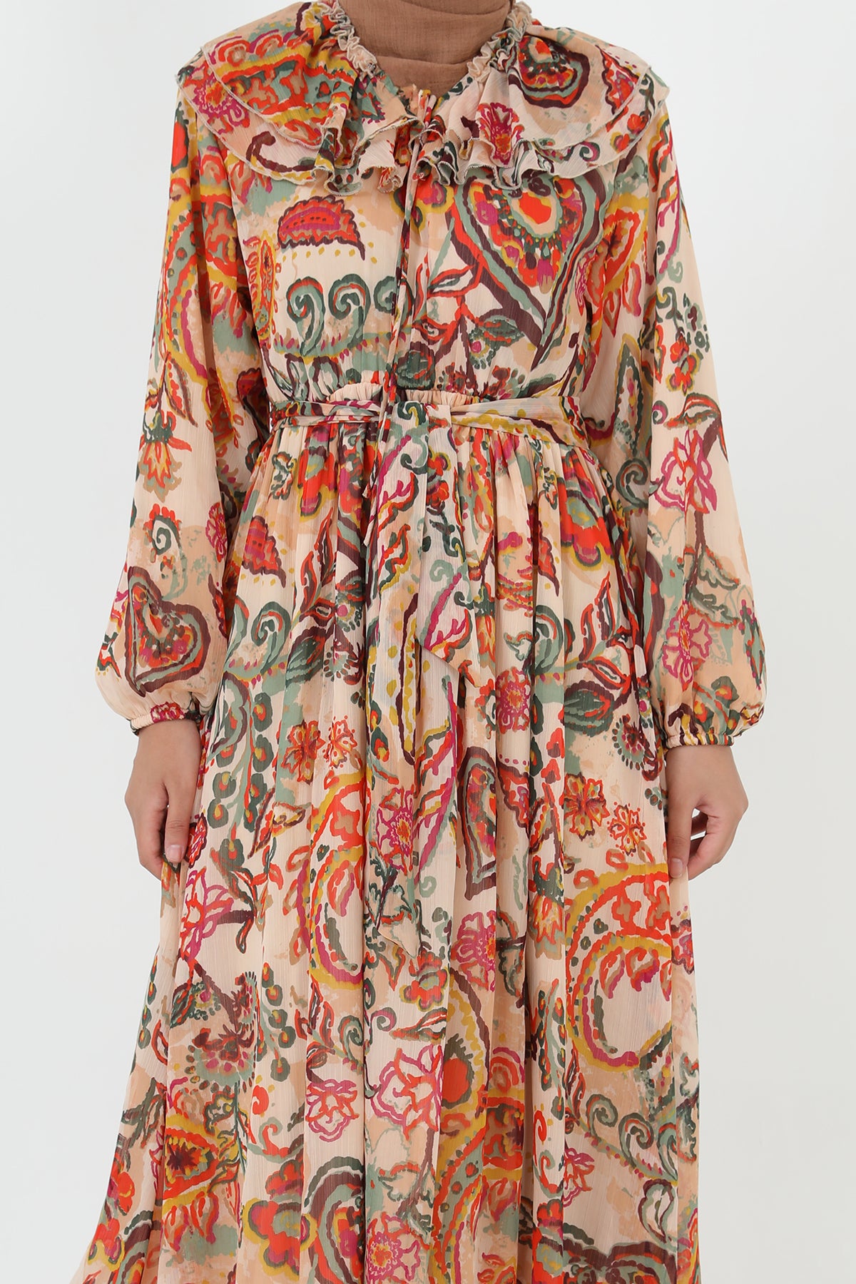 Kadın Yakası Pile Detaylı Kuşaklı Elbise - 12518ELB