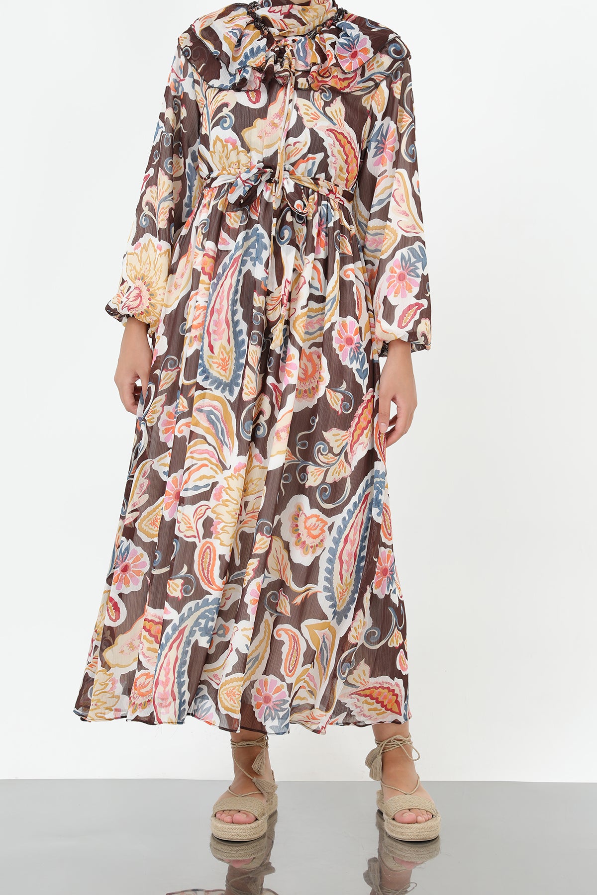 Kadın Yakası Pile Detaylı Kuşaklı Elbise - 12518ELB