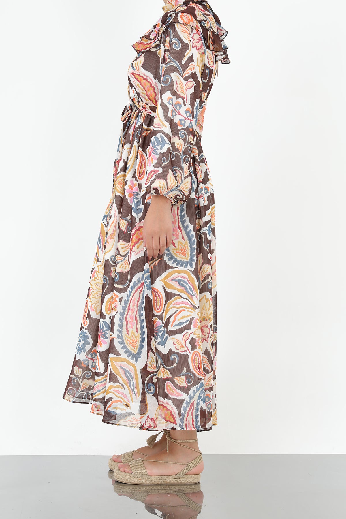 Kadın Yakası Pile Detaylı Kuşaklı Elbise - 12518ELB