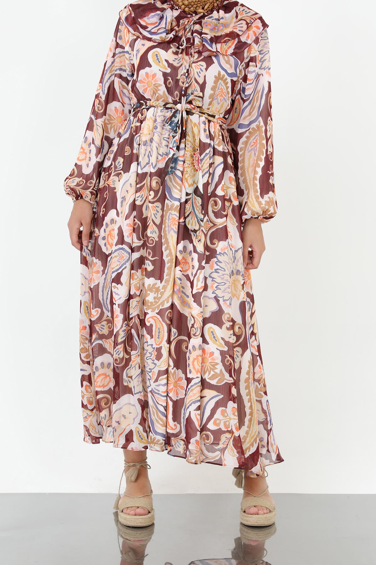 Kadın Yakası Pile Detaylı Kuşaklı Elbise - 12639ELB