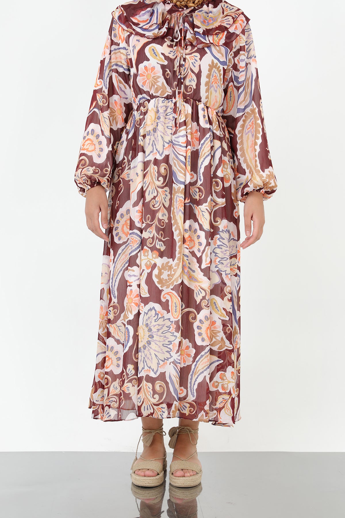 Kadın Yakası Pile Detaylı Kuşaklı Elbise - 12639ELB