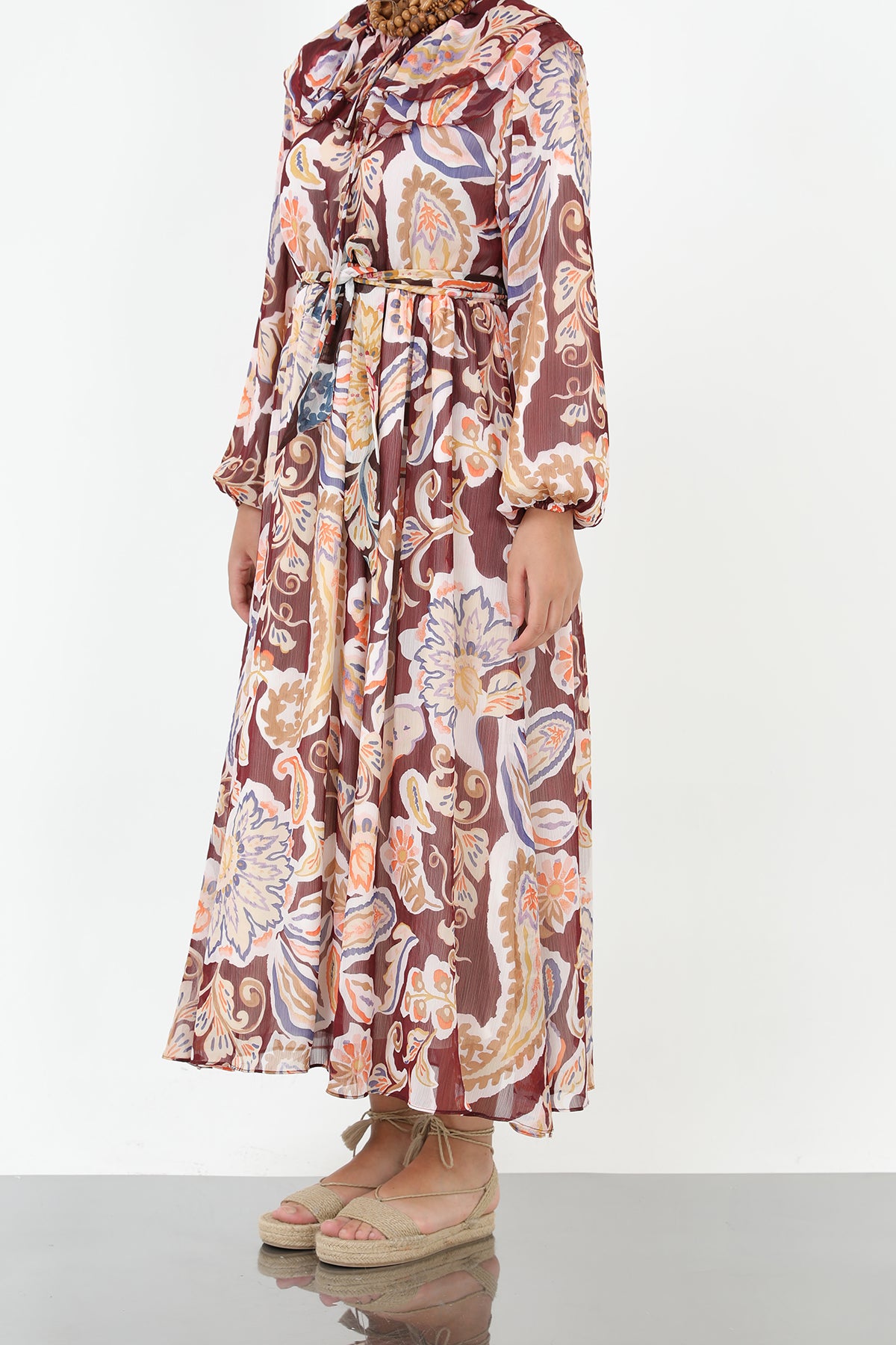 Kadın Yakası Pile Detaylı Kuşaklı Elbise - 12518ELB