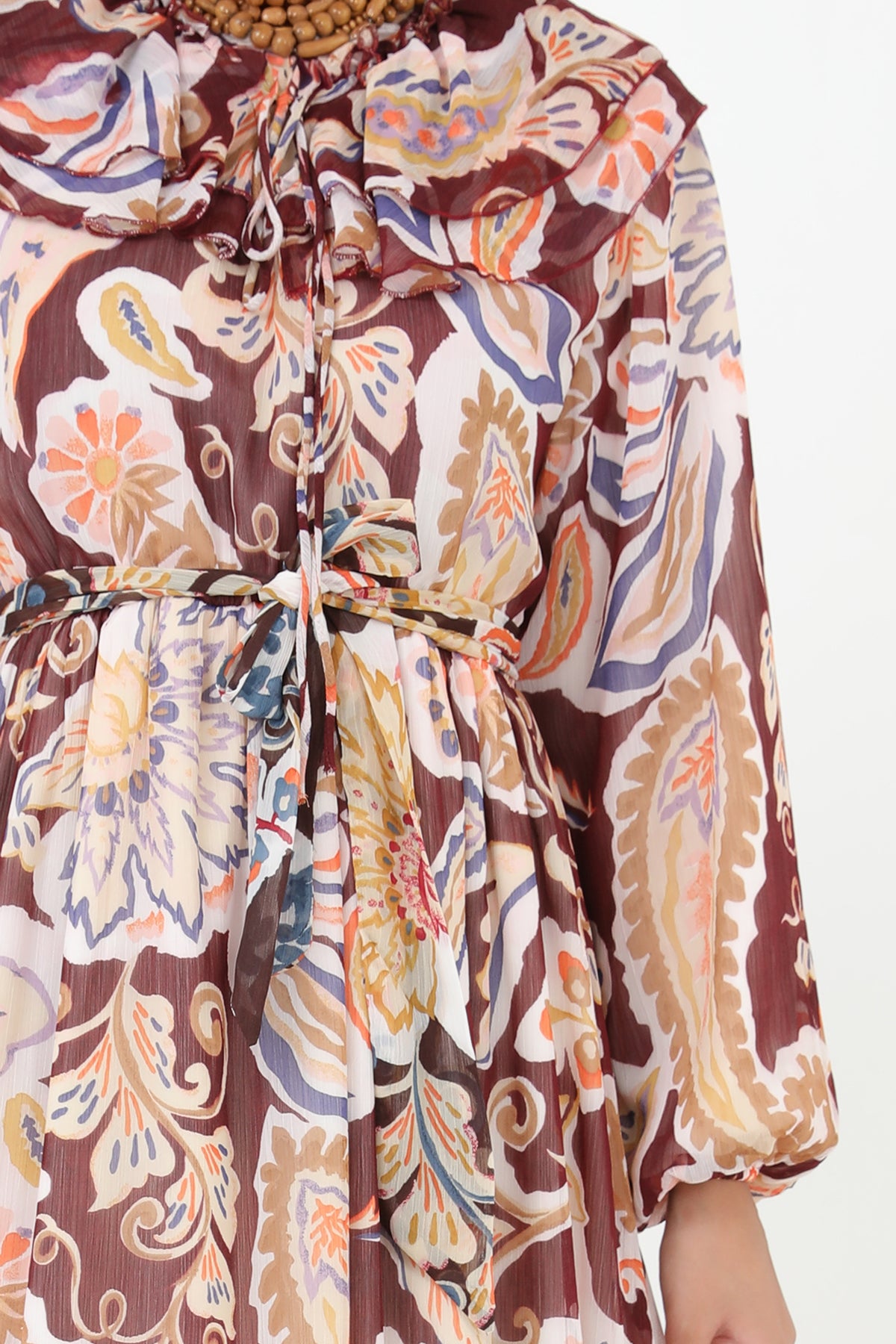 Kadın Yakası Pile Detaylı Kuşaklı Elbise - 12639ELB