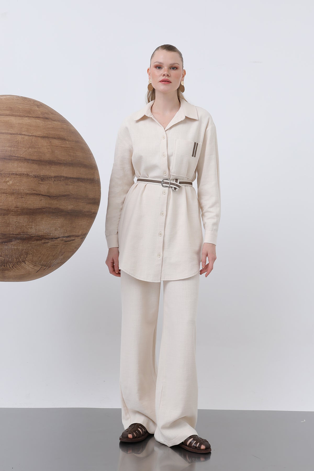 Kadın Kemer Detaylı Pantolonlu Keten Takım - 14313TKS