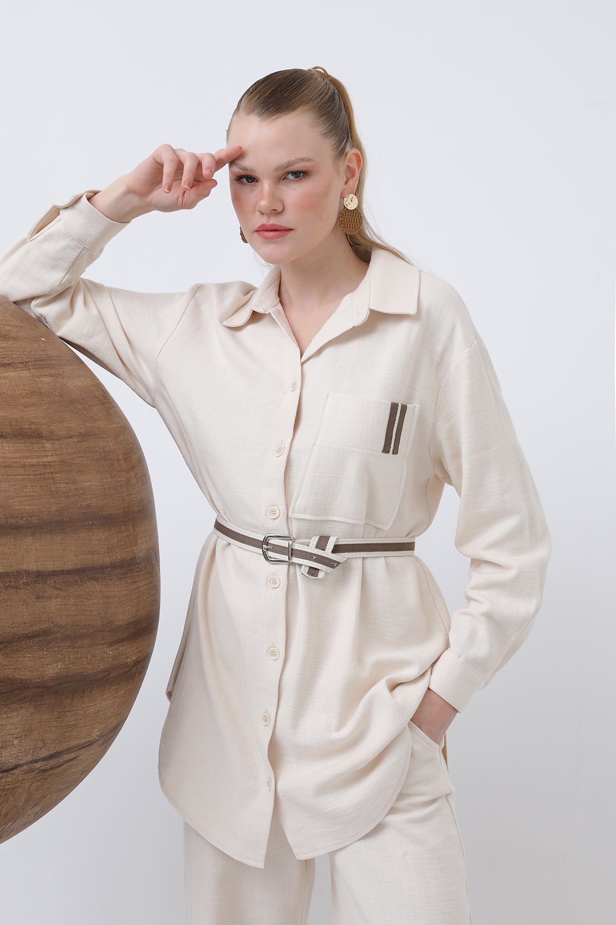 Kadın Kemer Detaylı Pantolonlu Keten Takım - 14313TKS