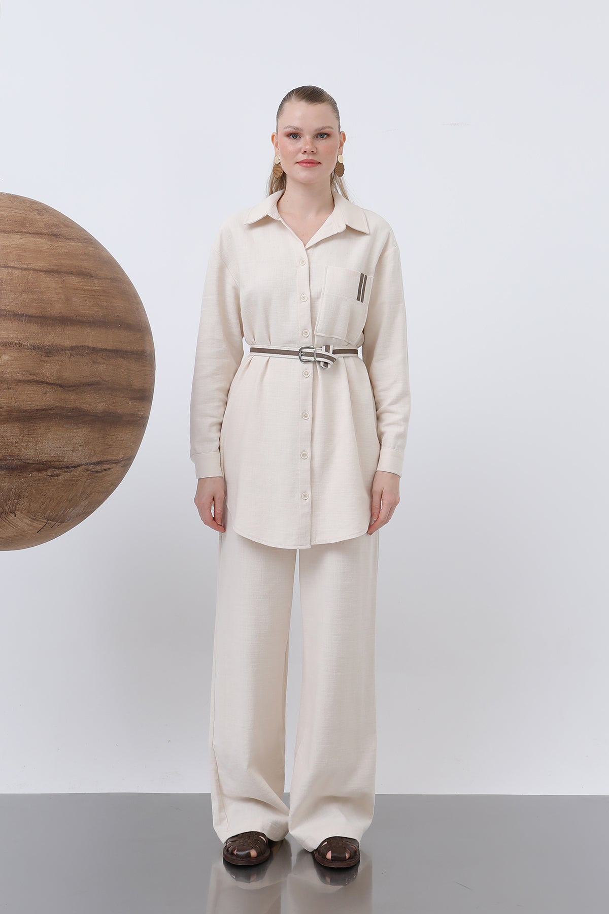 Kadın Kemer Detaylı Pantolonlu Keten Takım - 14313TKS