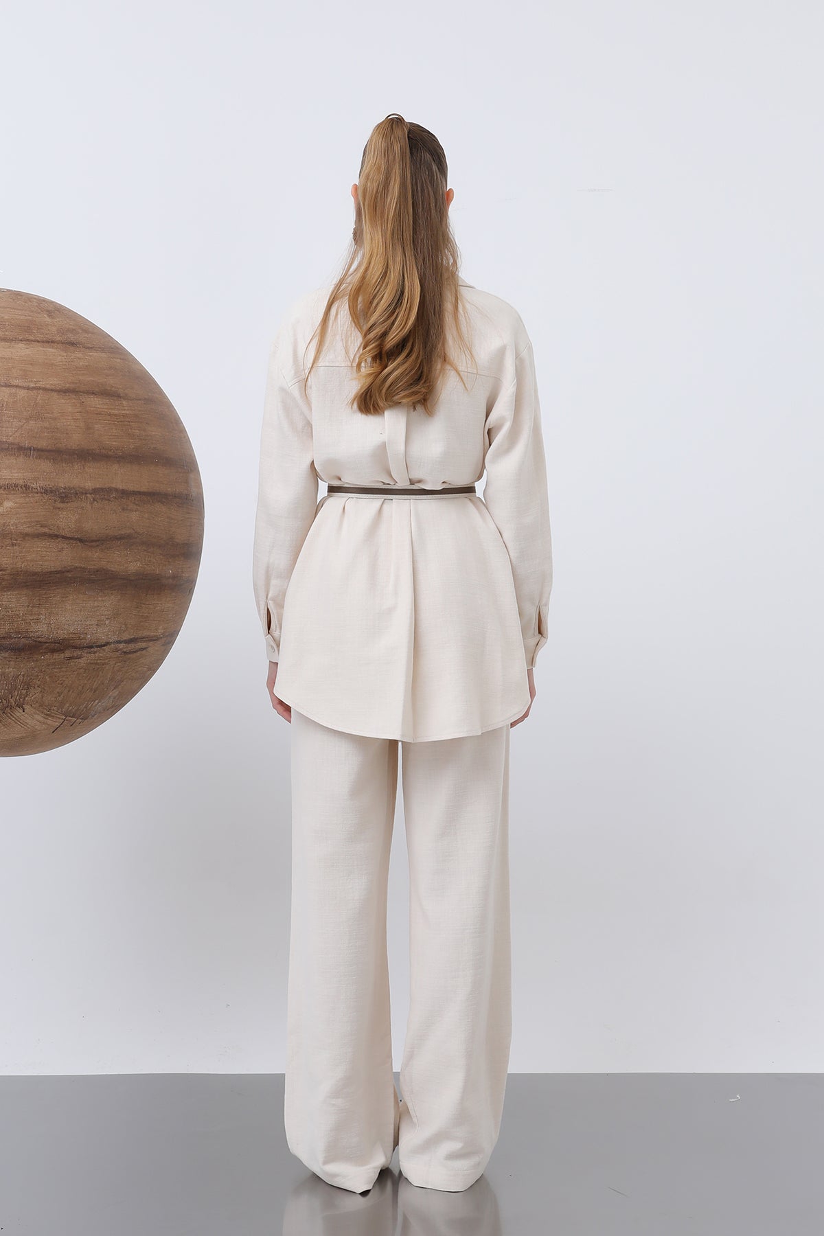 Kadın Kemer Detaylı Pantolonlu Keten Takım - 14313TKS