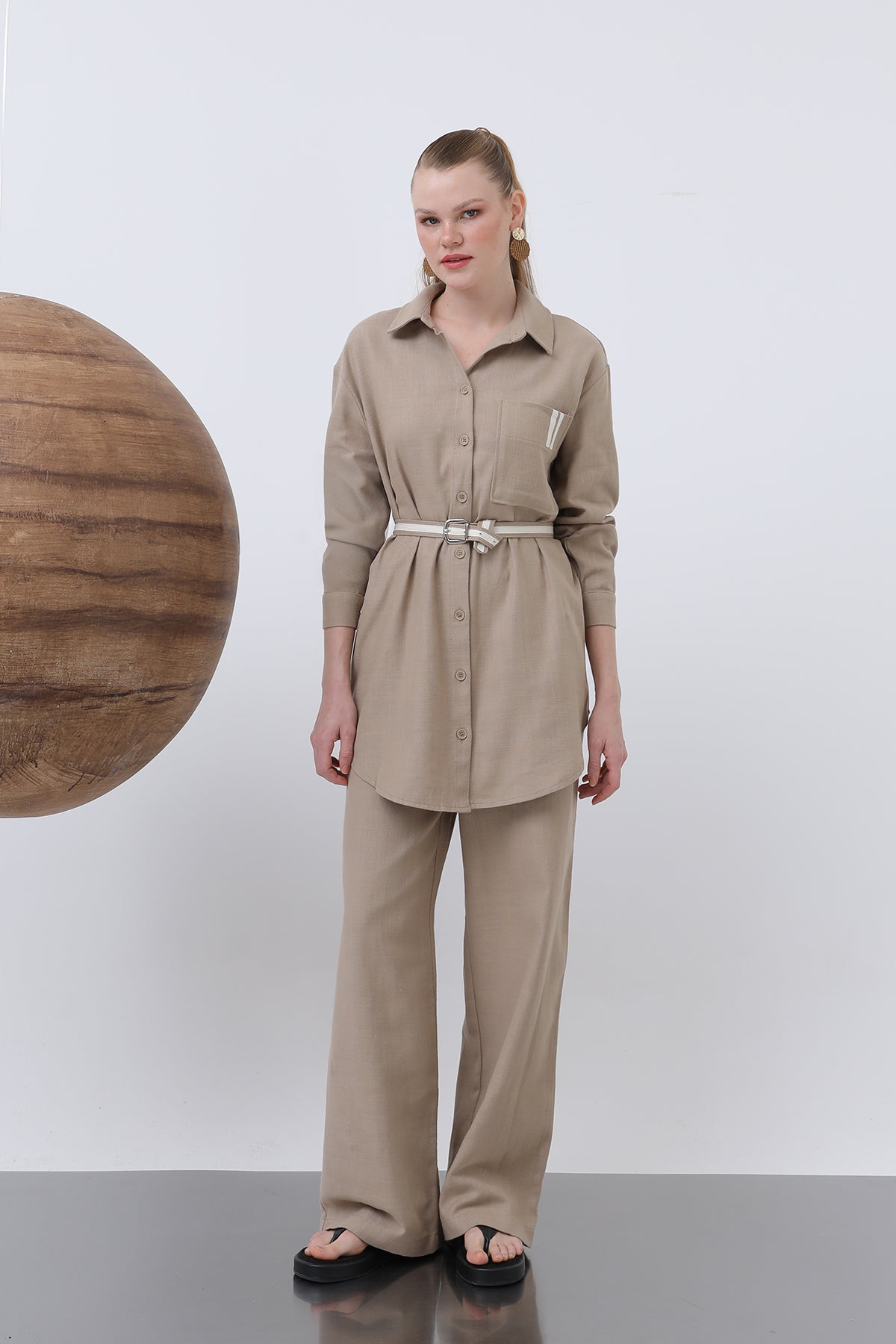 Kadın Kemer Detaylı Pantolonlu Keten Takım - 14313TKS