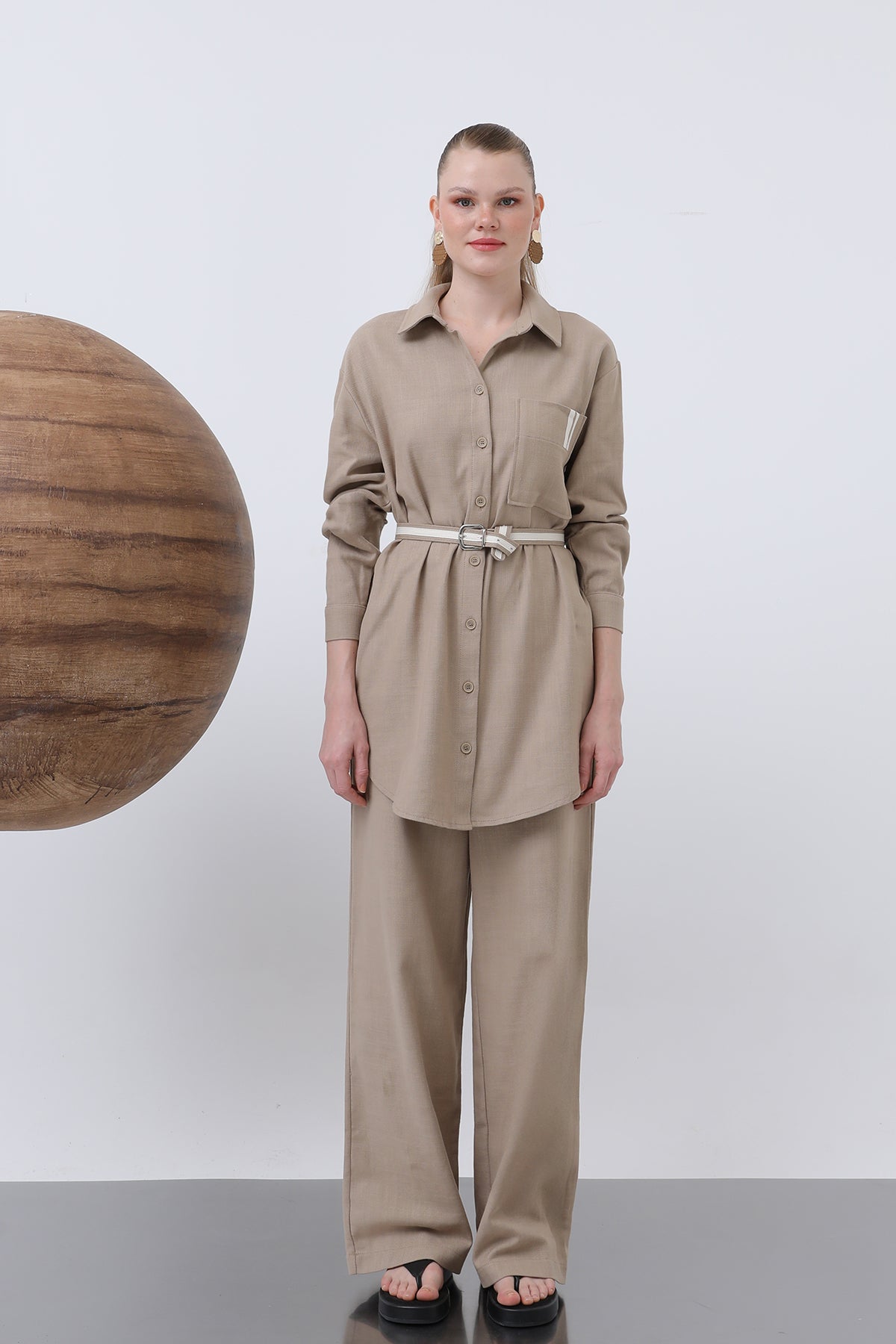 Kadın Kemer Detaylı Pantolonlu Keten Takım - 14313TKS