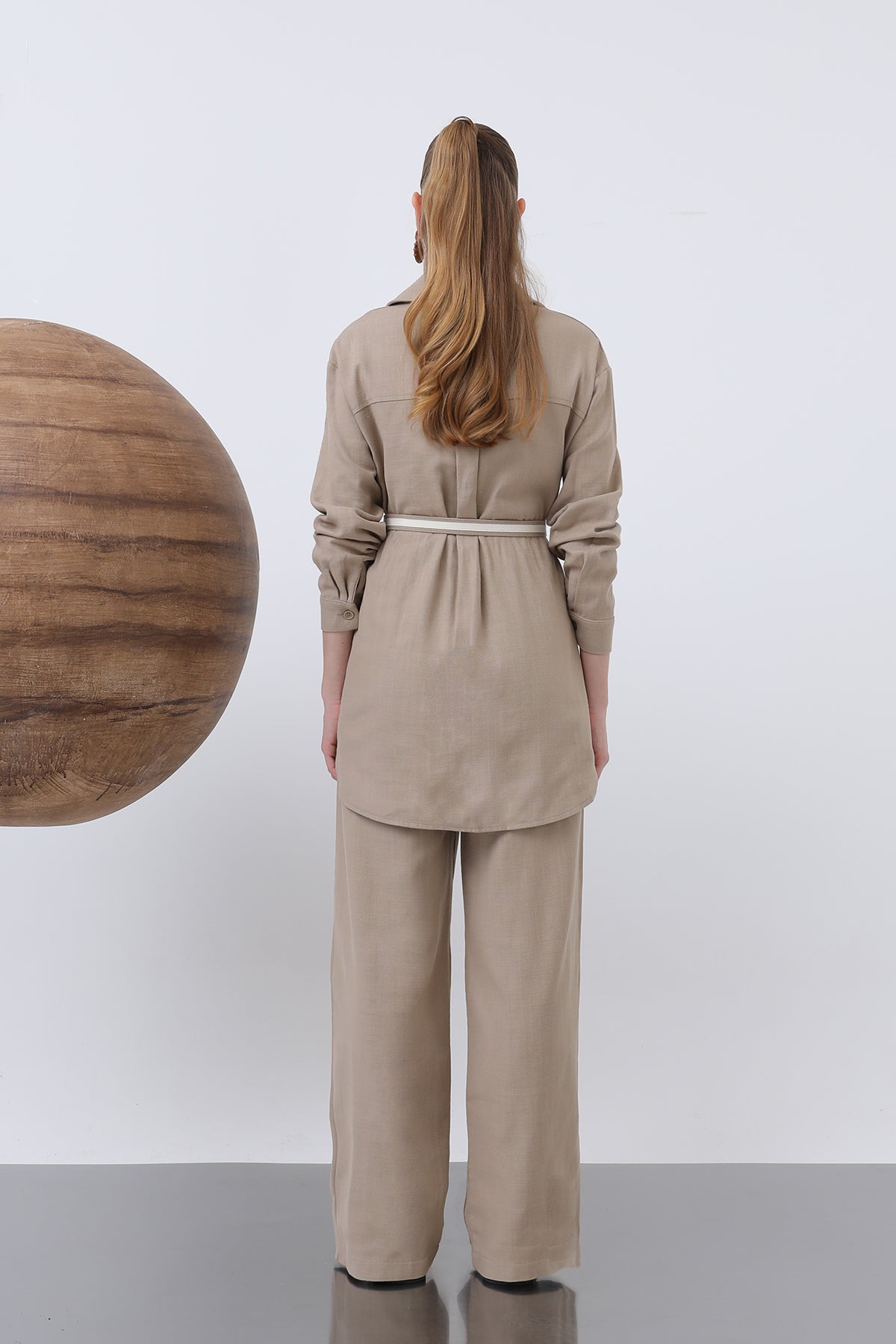 Kadın Kemer Detaylı Pantolonlu Keten Takım - 14313TKS