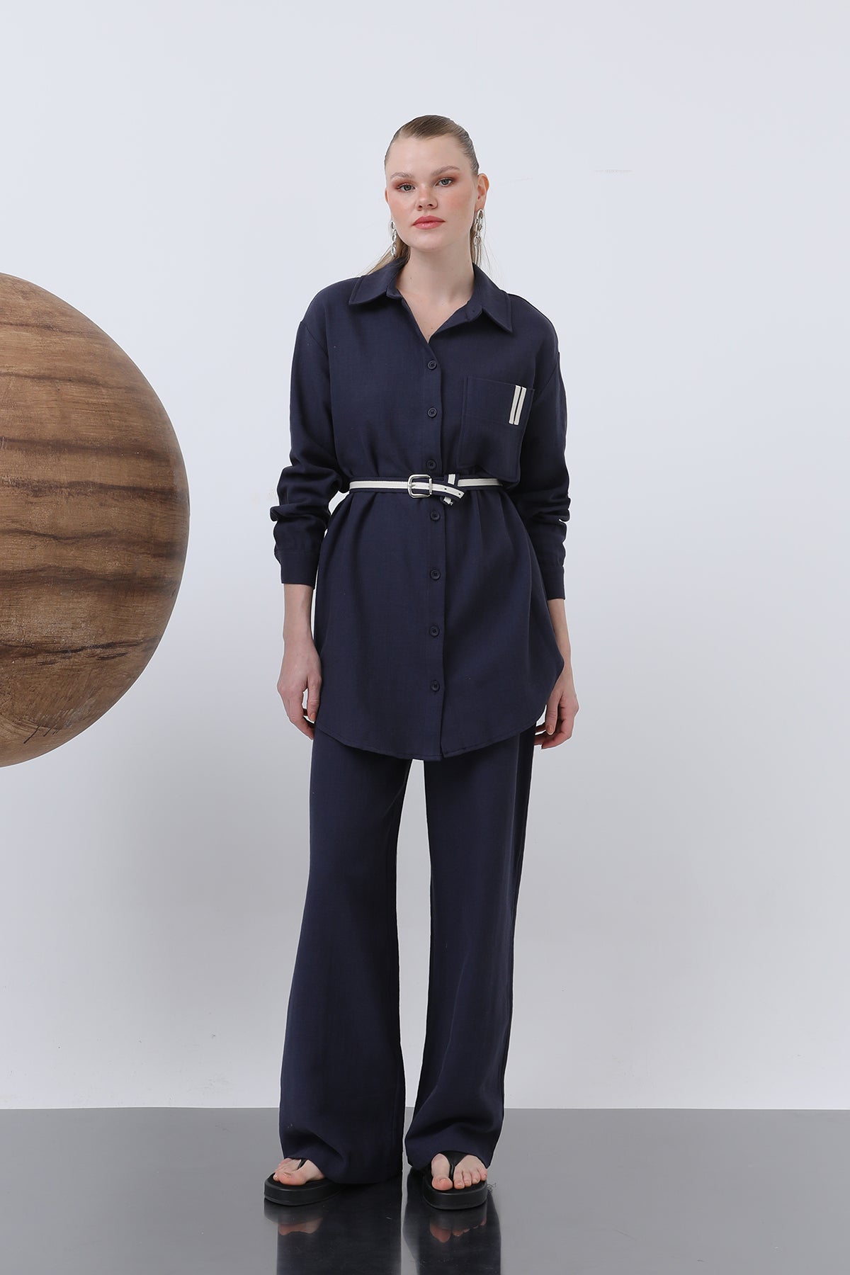 Kadın Kemer Detaylı Pantolonlu Keten Takım - 14313TKS