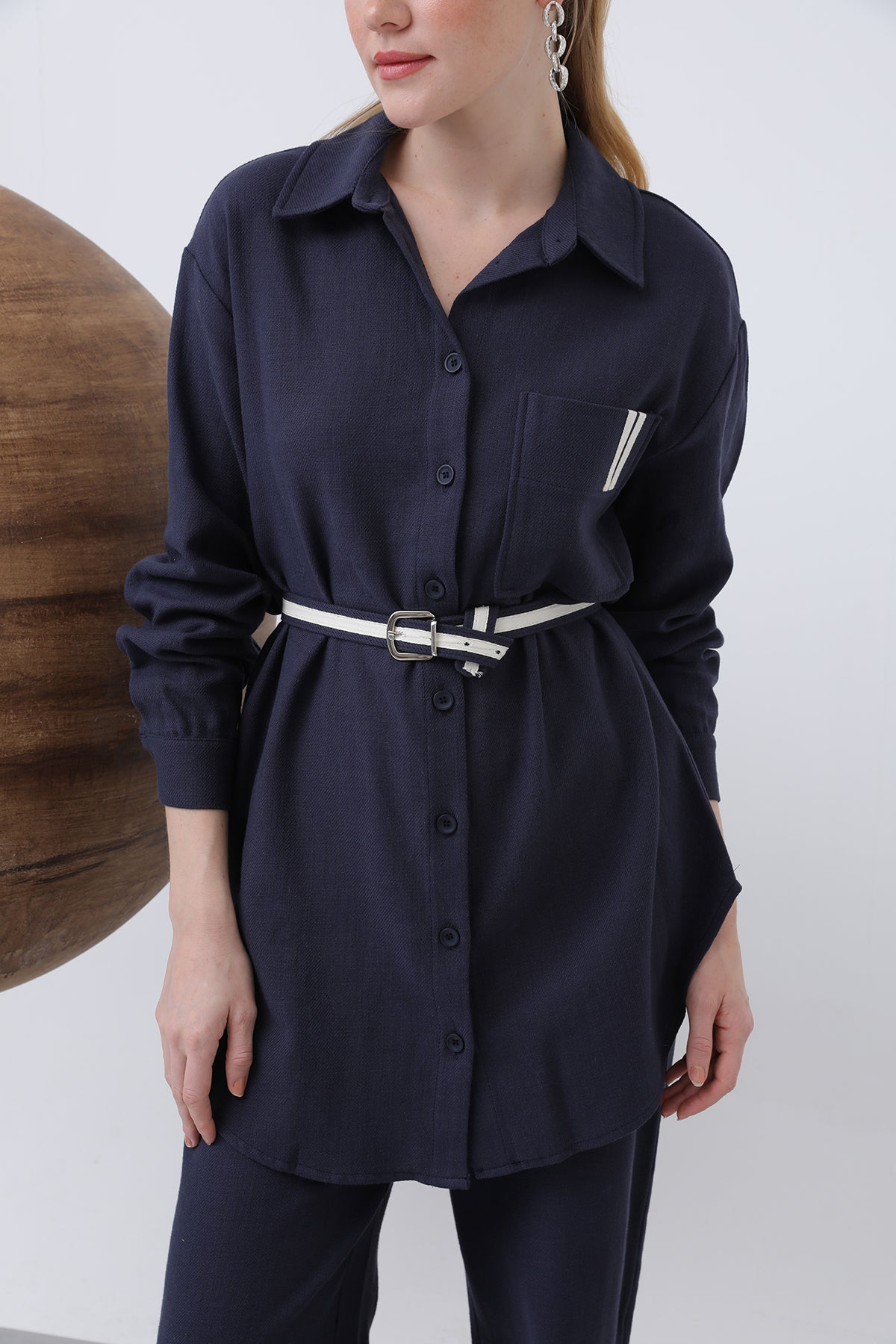 Kadın Kemer Detaylı Pantolonlu Keten Takım - 14313TKS