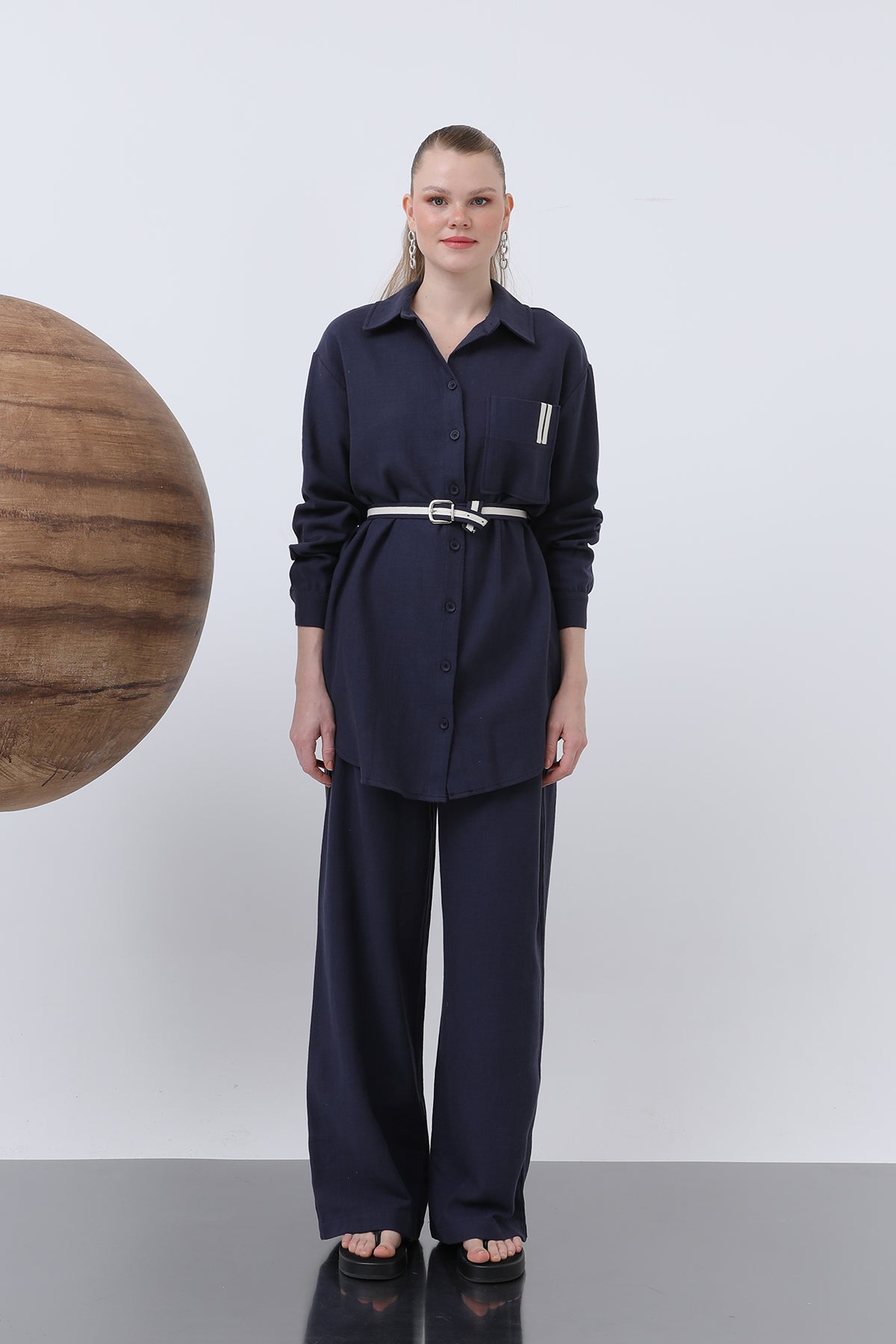 Kadın Kemer Detaylı Pantolonlu Keten Takım - 14313TKS