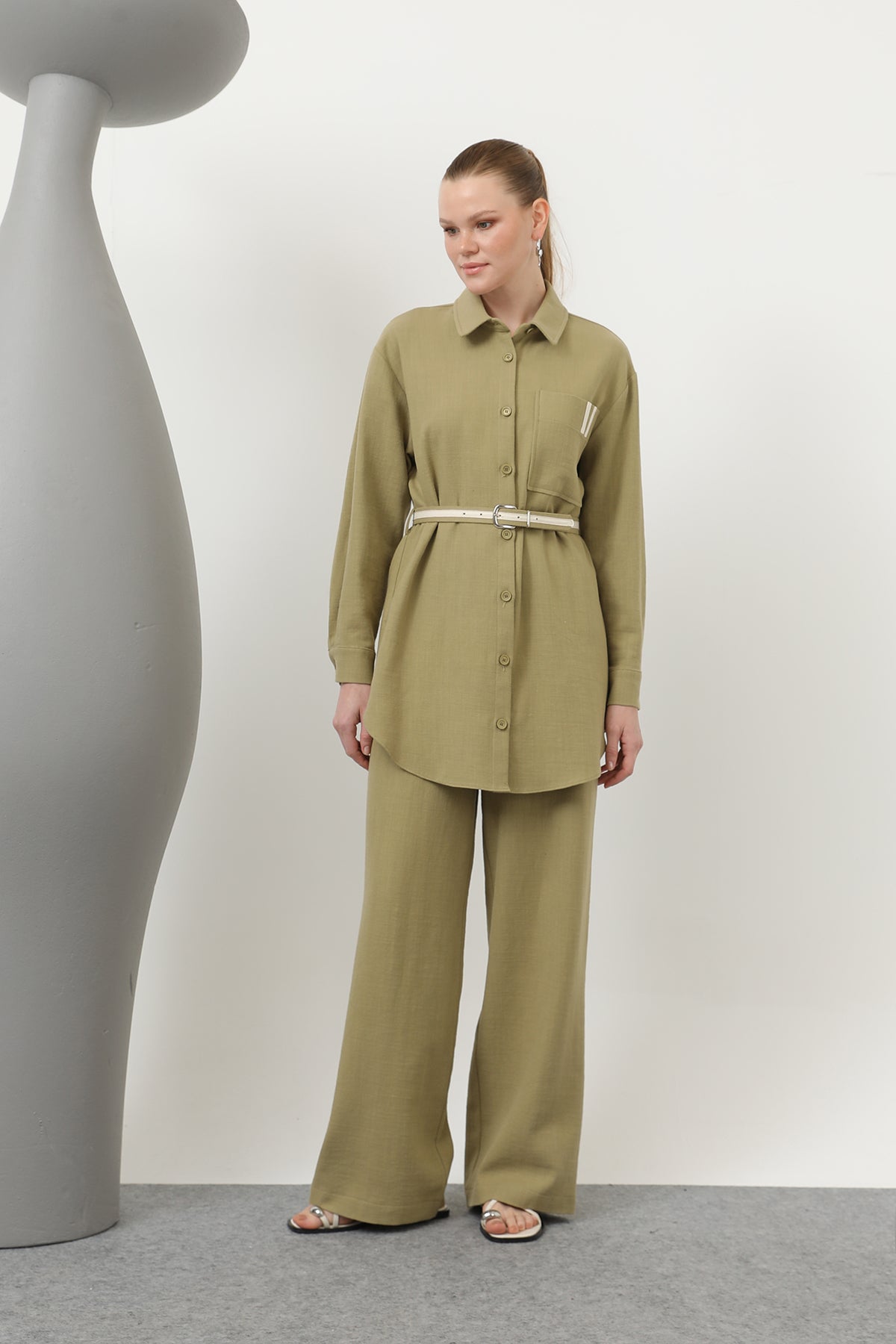 Kadın Kemer Detaylı Pantolonlu Keten Takım - 14313TKS