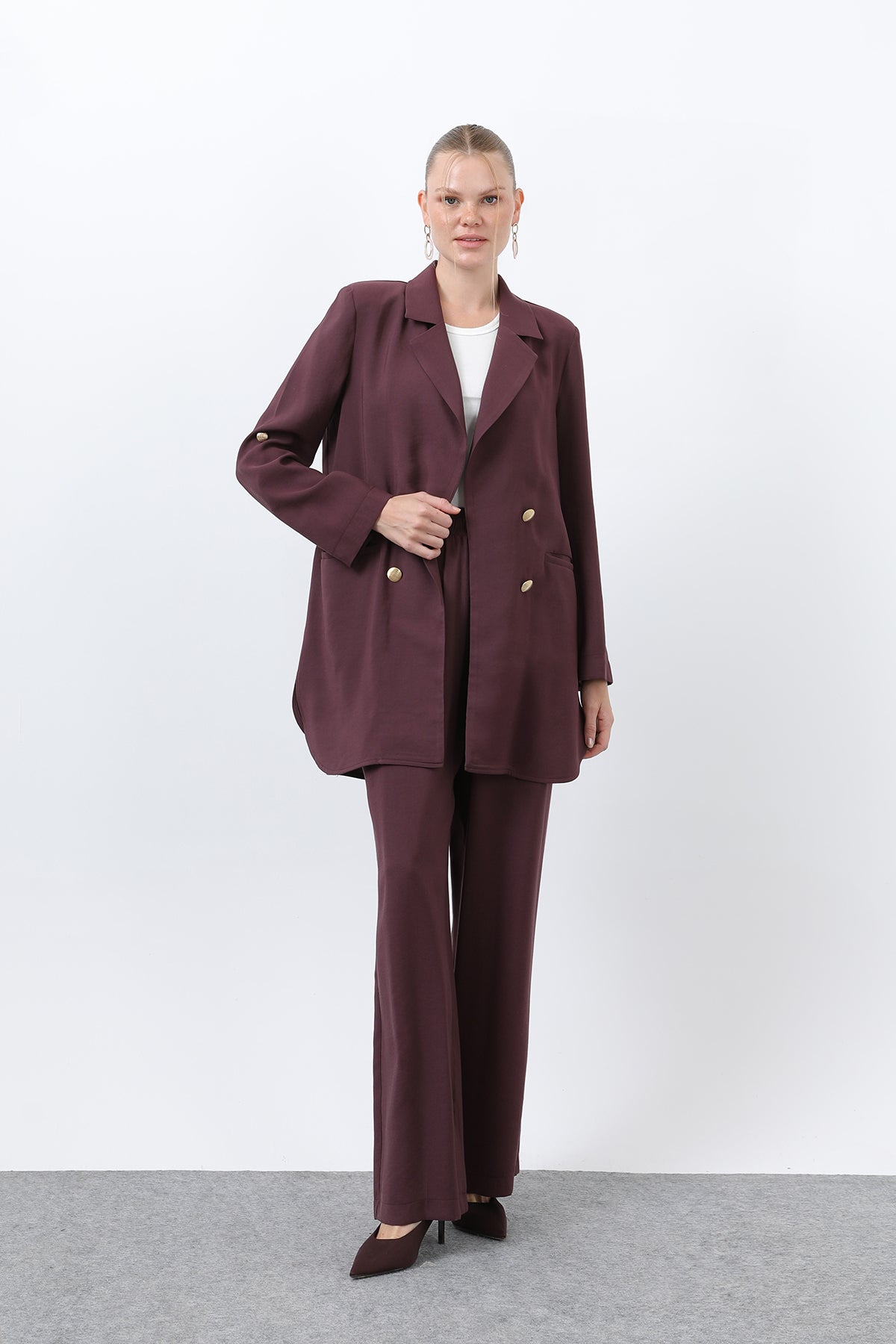 Kadın Düğme Detaylı Pantolonlu Blazer Ceket Takım - 14321TKM