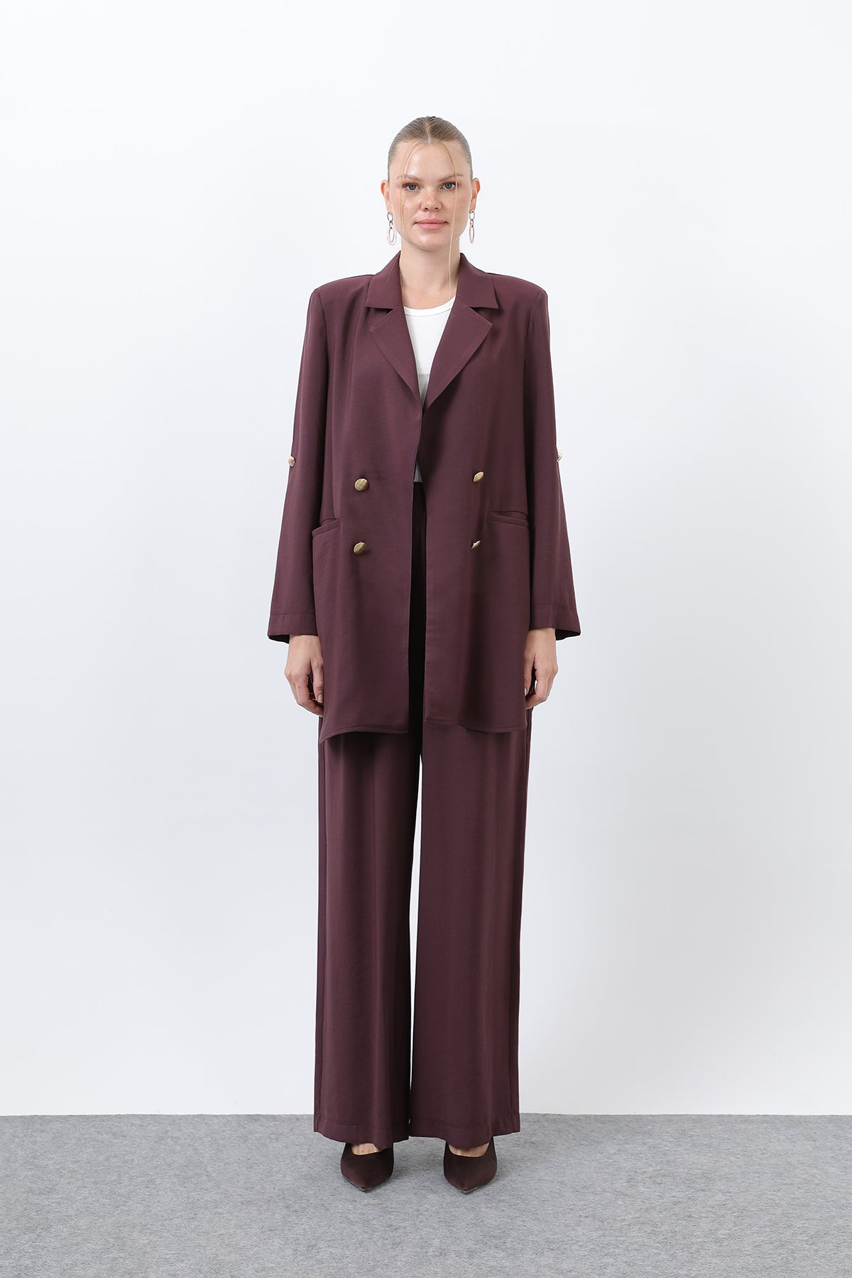 Kadın Düğme Detaylı Pantolonlu Blazer Ceket Takım - 14321TKM