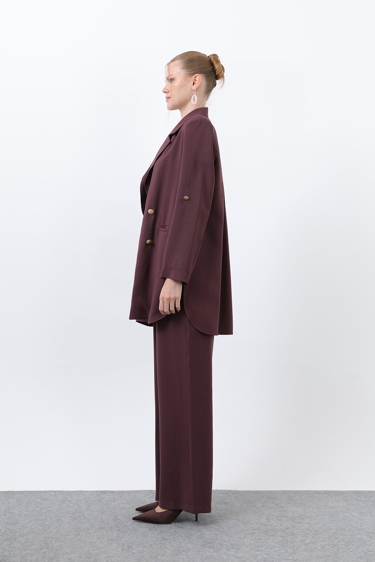 Kadın Düğme Detaylı Pantolonlu Blazer Ceket Takım - 14321TKM