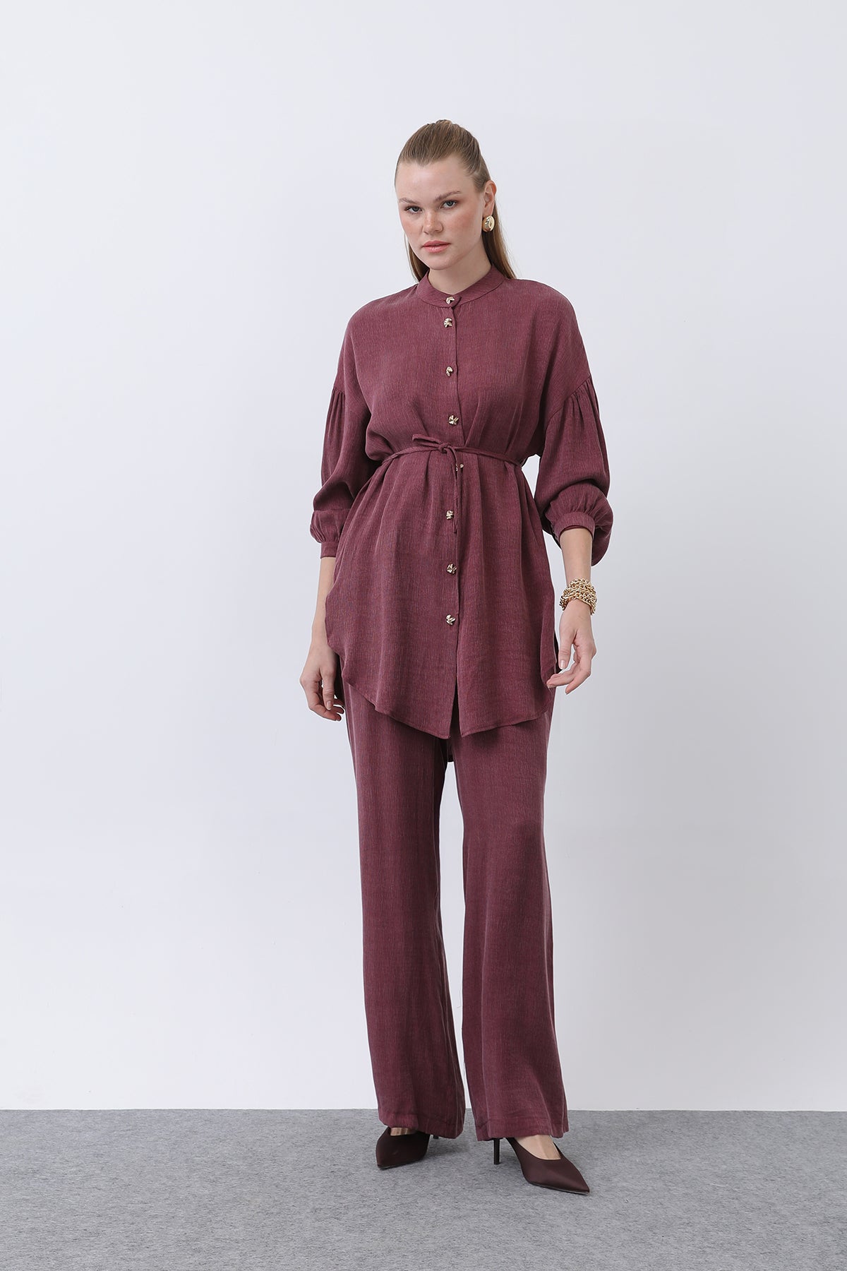 Kadın Düğme Detaylı Hakim Yaka Tunik Takım - 14329TKS