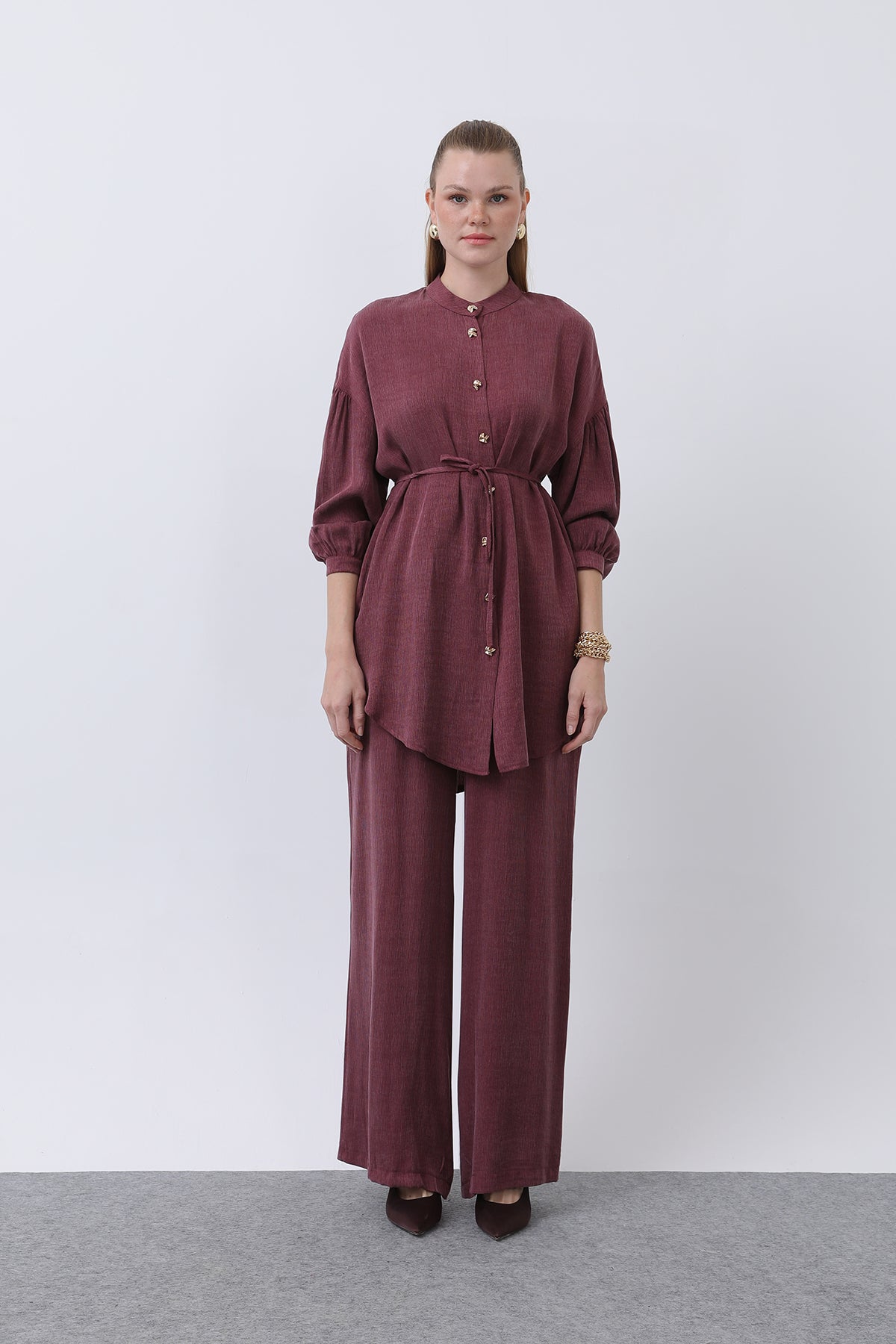 Kadın Düğme Detaylı Hakim Yaka Tunik Takım - 14329TKS