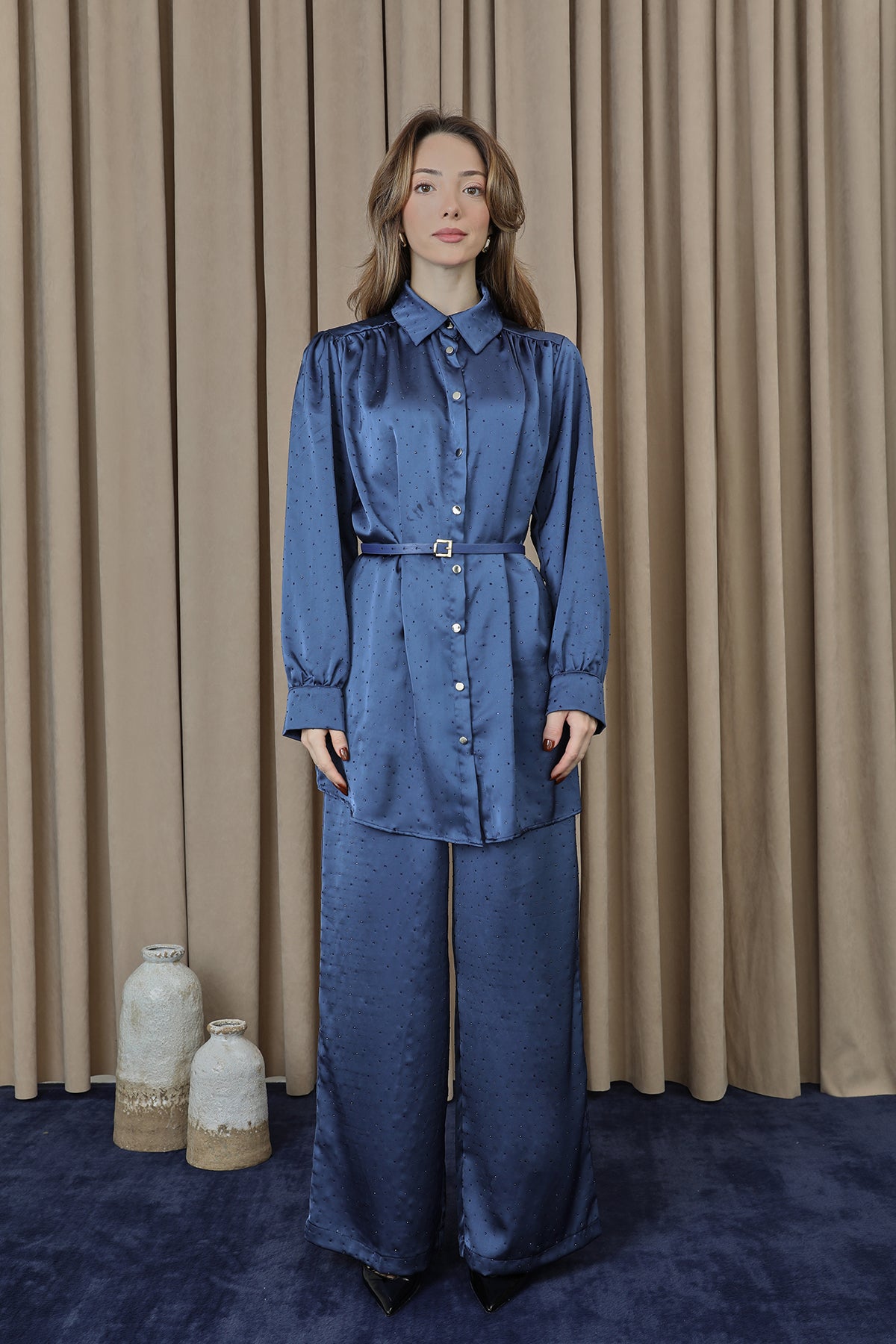 Kadın Beli Kemerli Ve Taş Detaylı Tunik Pantolon Takım - 14338TKS