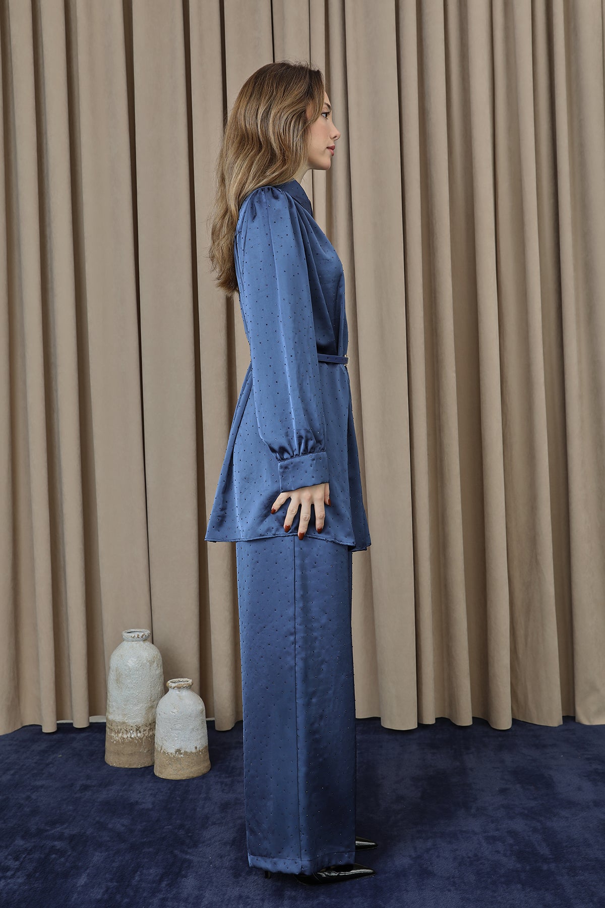 Kadın Beli Kemerli Ve Taş Detaylı Tunik Pantolon Takım - 14338TKS