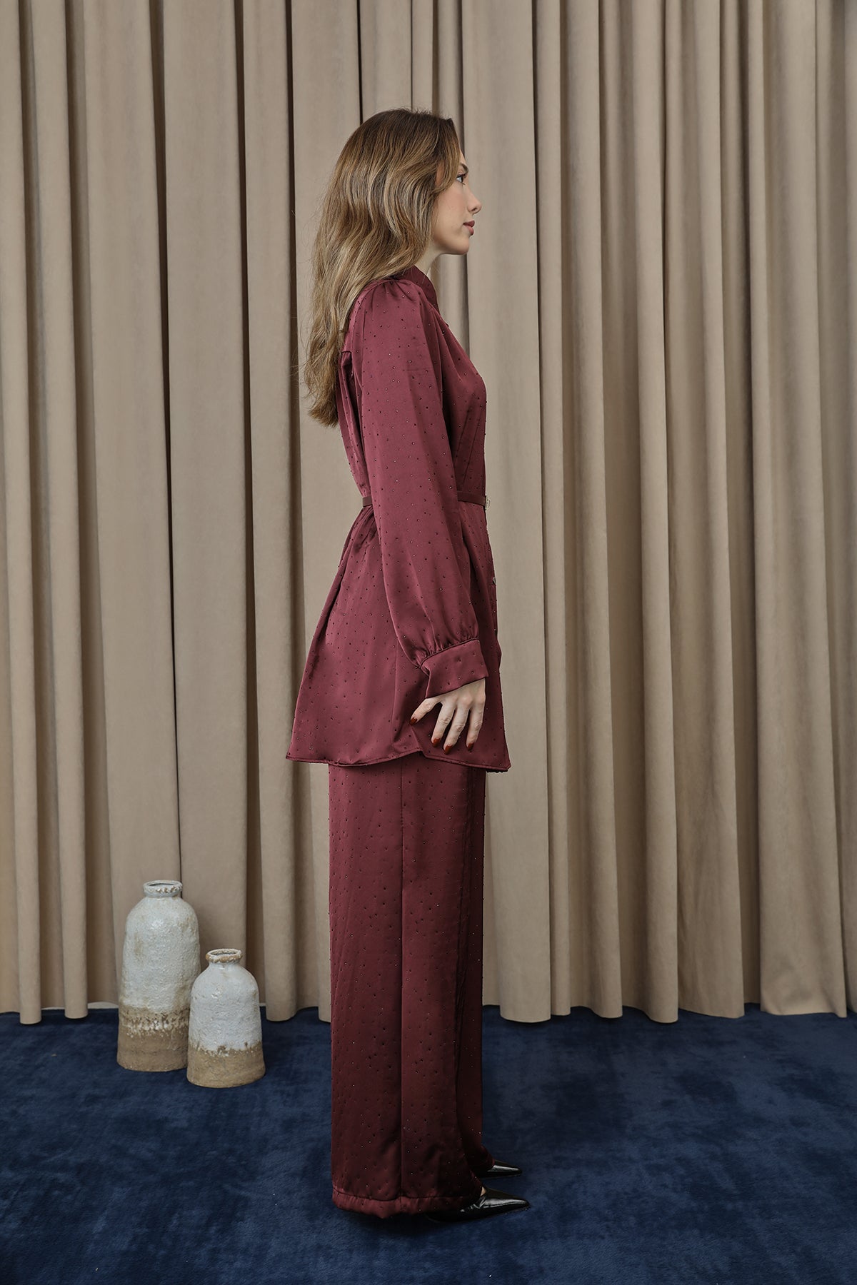 Kadın Beli Kemerli Ve Taş Detaylı Tunik Pantolon Takım - 14338TKS