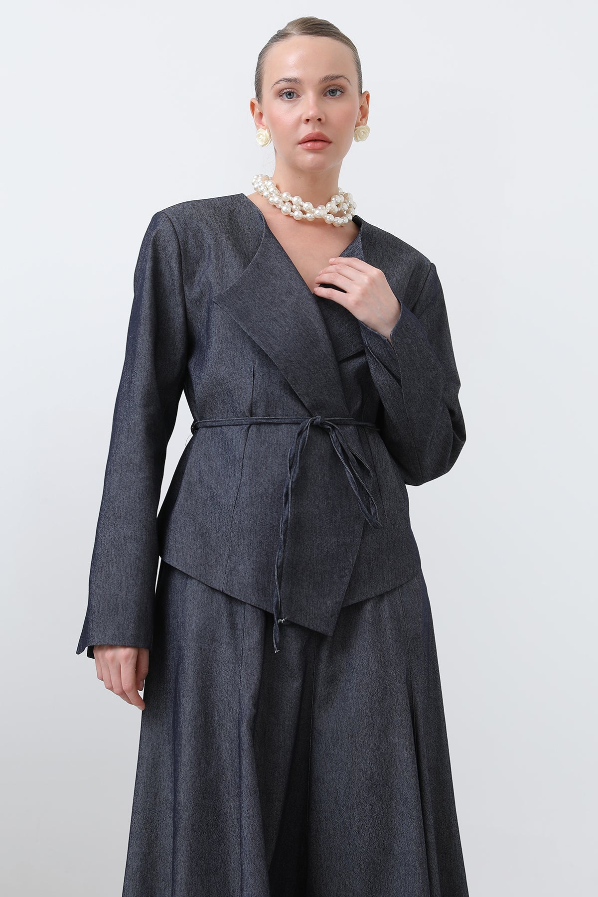 Kadın Omuzu Vaktalı Kuşak Detaylı Etekli Takım - 14376TKS