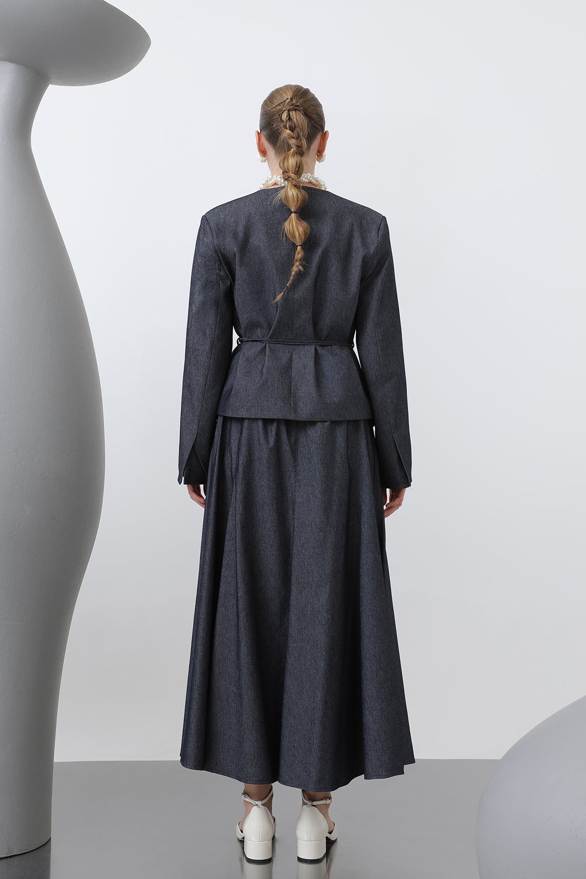 Kadın Omuzu Vaktalı Kuşak Detaylı Etekli Takım - 14376TKS