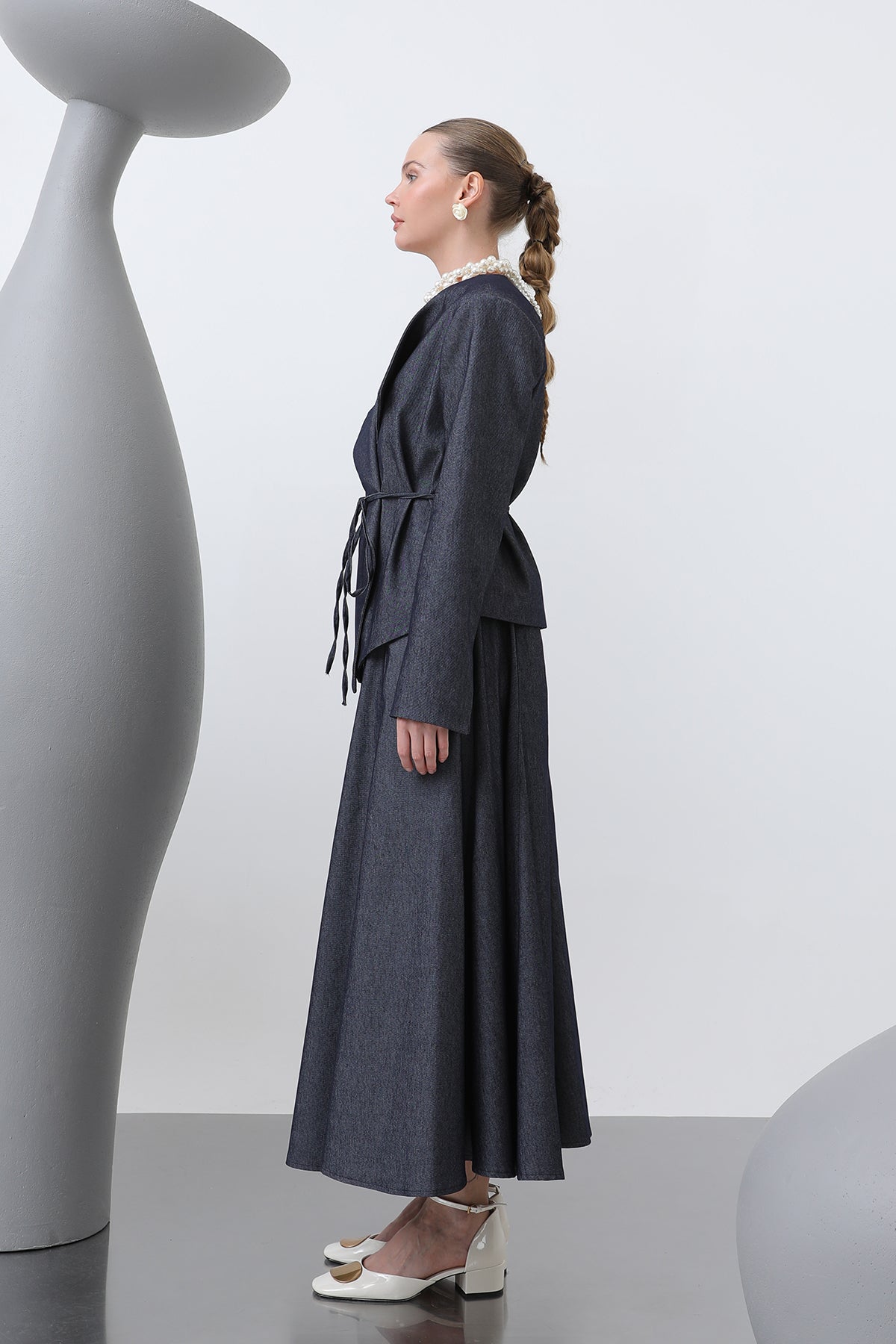 Kadın Omuzu Vaktalı Kuşak Detaylı Etekli Takım - 14376TKS