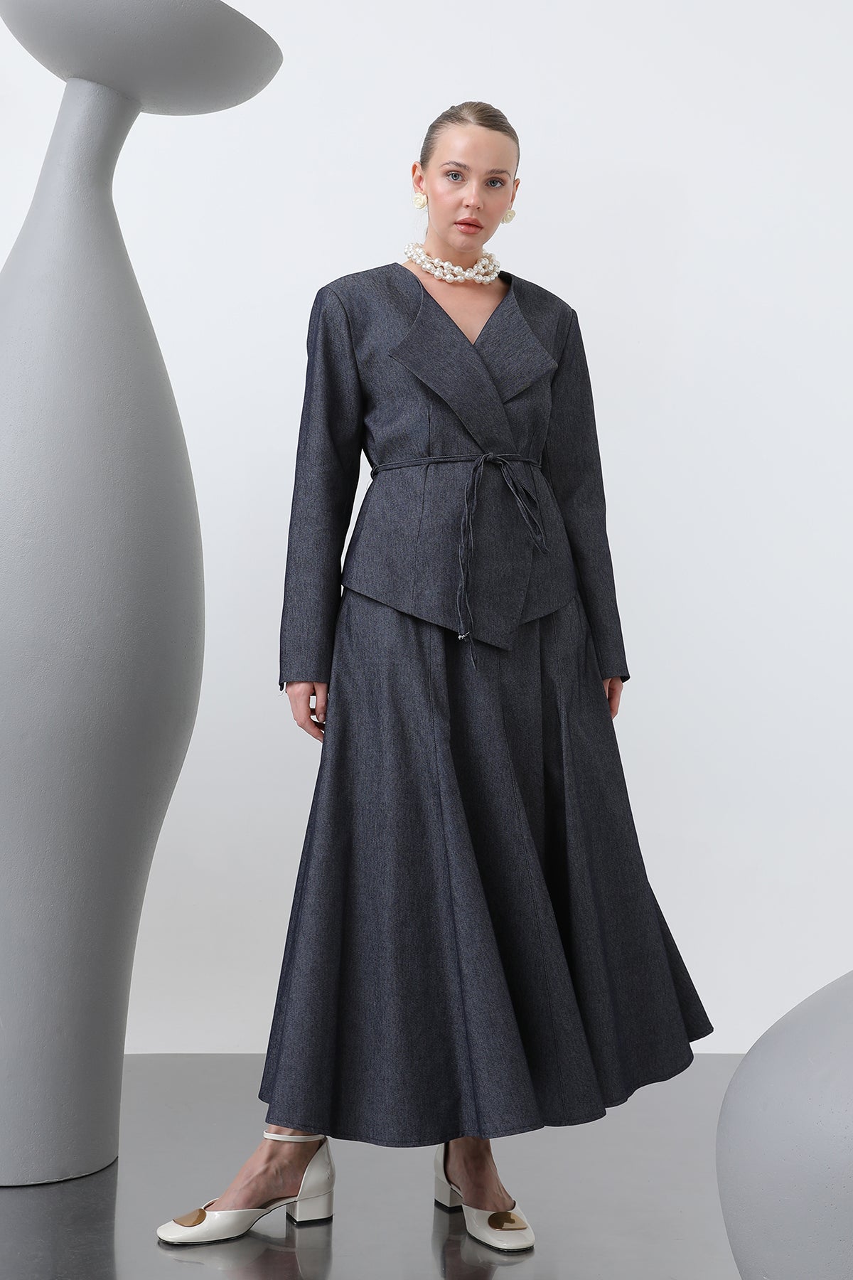 Kadın Omuzu Vaktalı Kuşak Detaylı Etekli Takım - 14376TKS