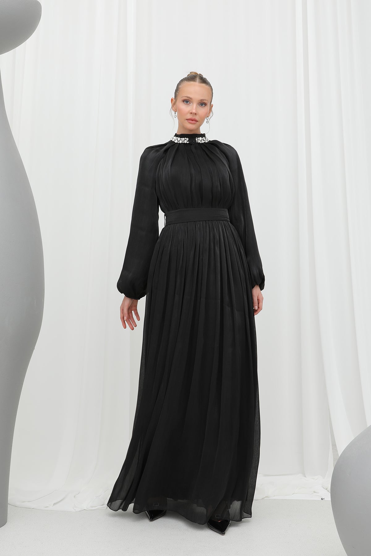 Kadın Taş Detaylı Şifon Abiye Elbise -17001ELB