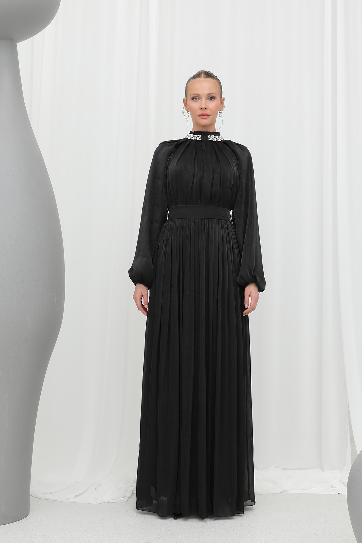 Kadın Taş Detaylı Şifon Abiye Elbise -17001ELB