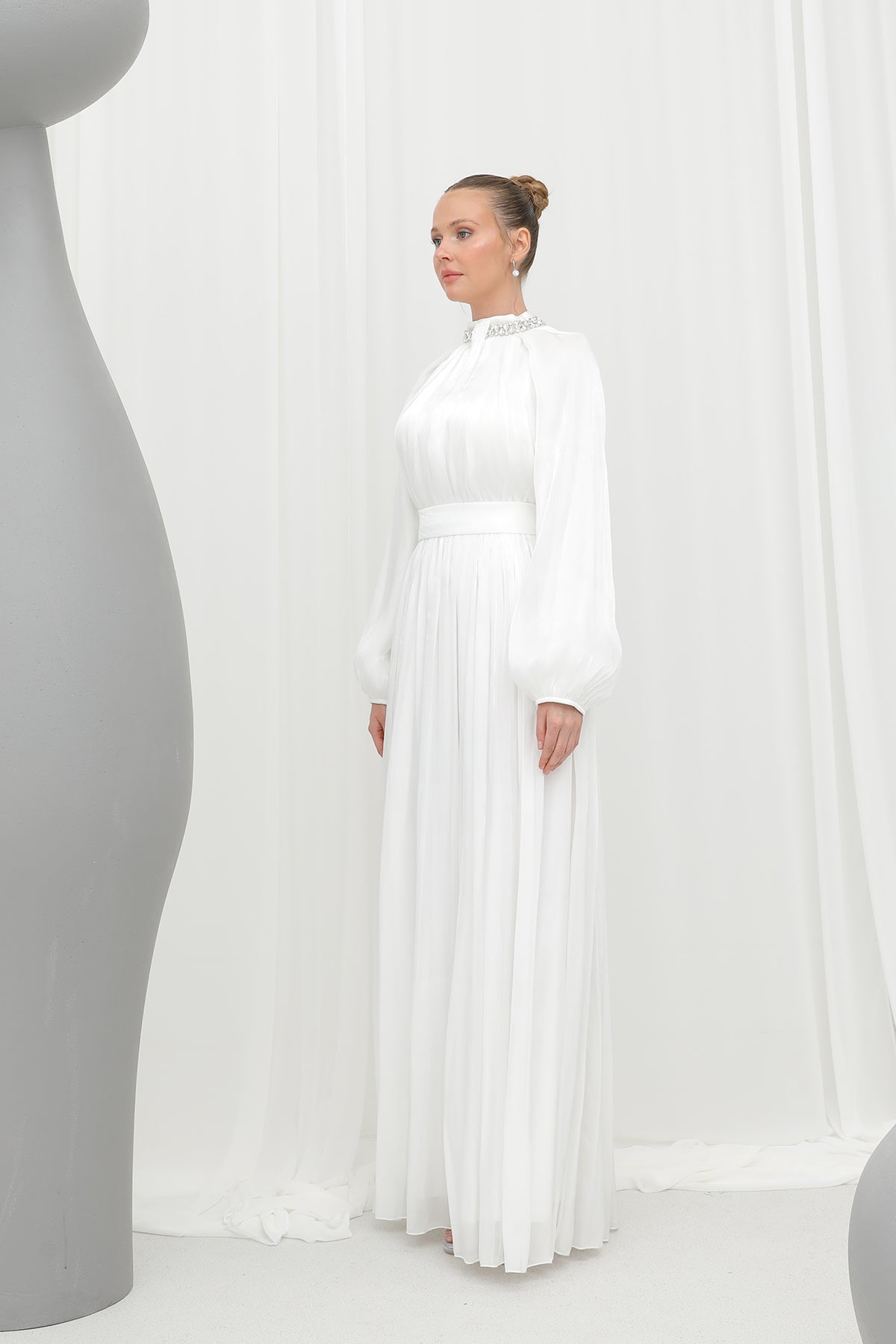 Kadın Taş Detaylı Şifon Abiye Elbise -17001ELB